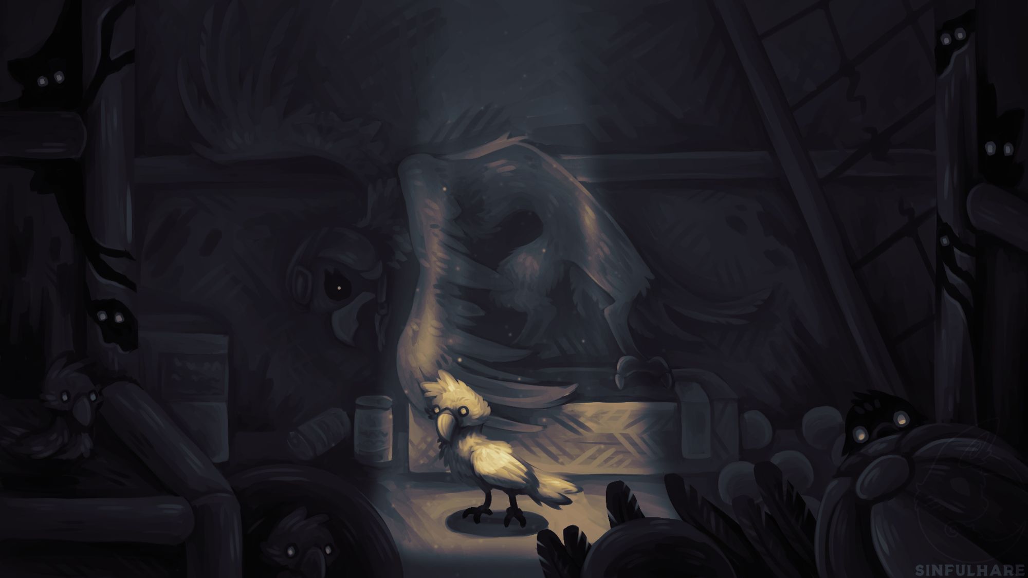 Digital painting of an abandoned playroom. There is a spotlight in the center, illuminating a macaw. Behind it partially illuminated is a bigger, deformed macaw, implied to be Mollie from Indigo Park. She is holding on to the wall, mouth open, staring at the viewer. Hidden around the playroom are more macaws and shining eyes. The entire picture is black and white with a slight yellow light.