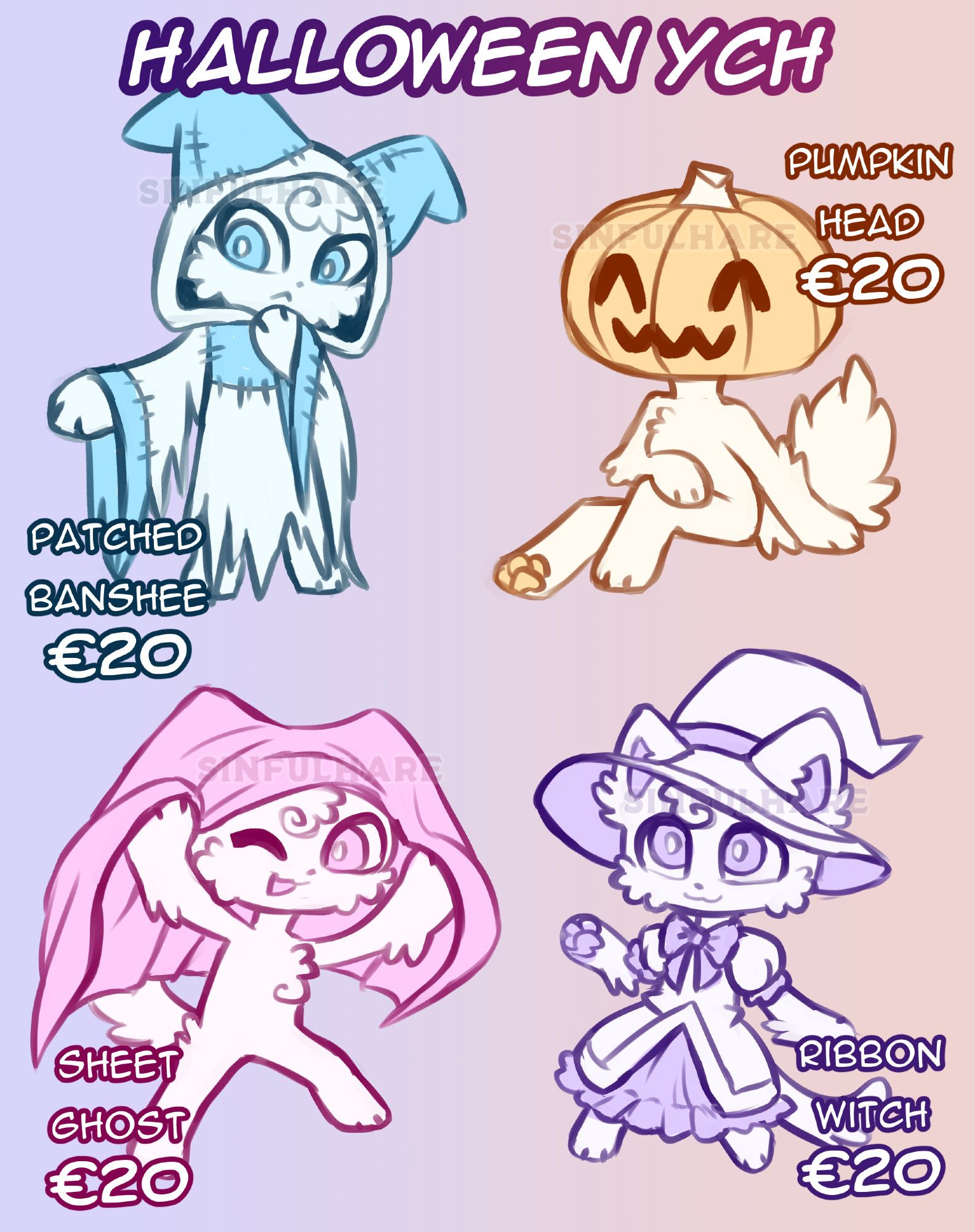 Four chibi furries showing off four YCHs. They are all priced at 20 euros each. The first one is called Patched Banshee and has the character in a ragged cloak. The second one is called Pumpkin Head and it has the character sitting on the floor with a pumpkin for a head, with a carved happy smile. Third one is called Sheet Ghost ant it has the character running excitedly with a sheet over its head. The fourth one is called Ribbon Witch and it has the character wearing a witch outfit with a ribbon at the front.