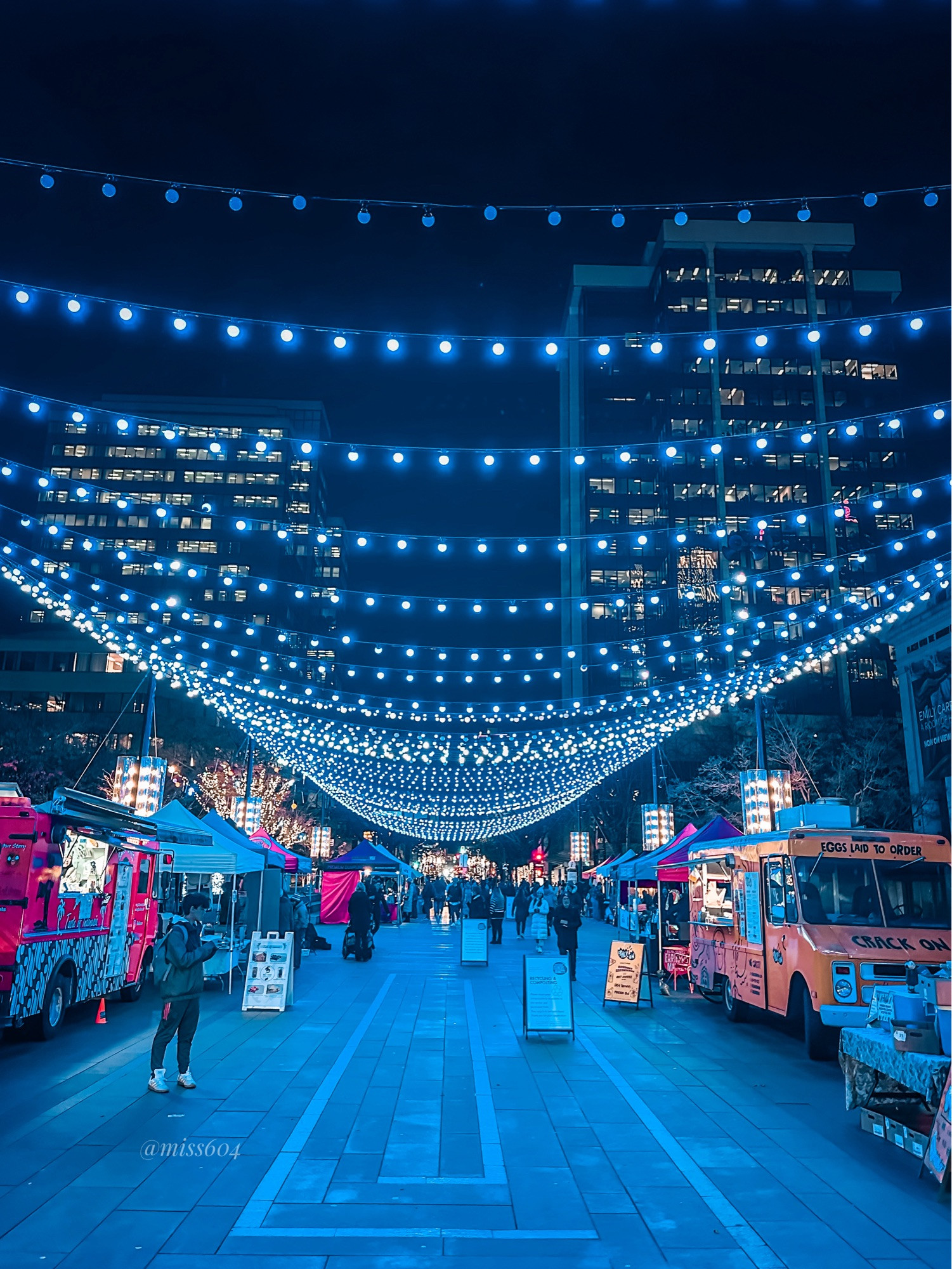 Market lights strung above the Robson Square plaza in Downtown Vancouver which is flanked by vendor tents and food trucks