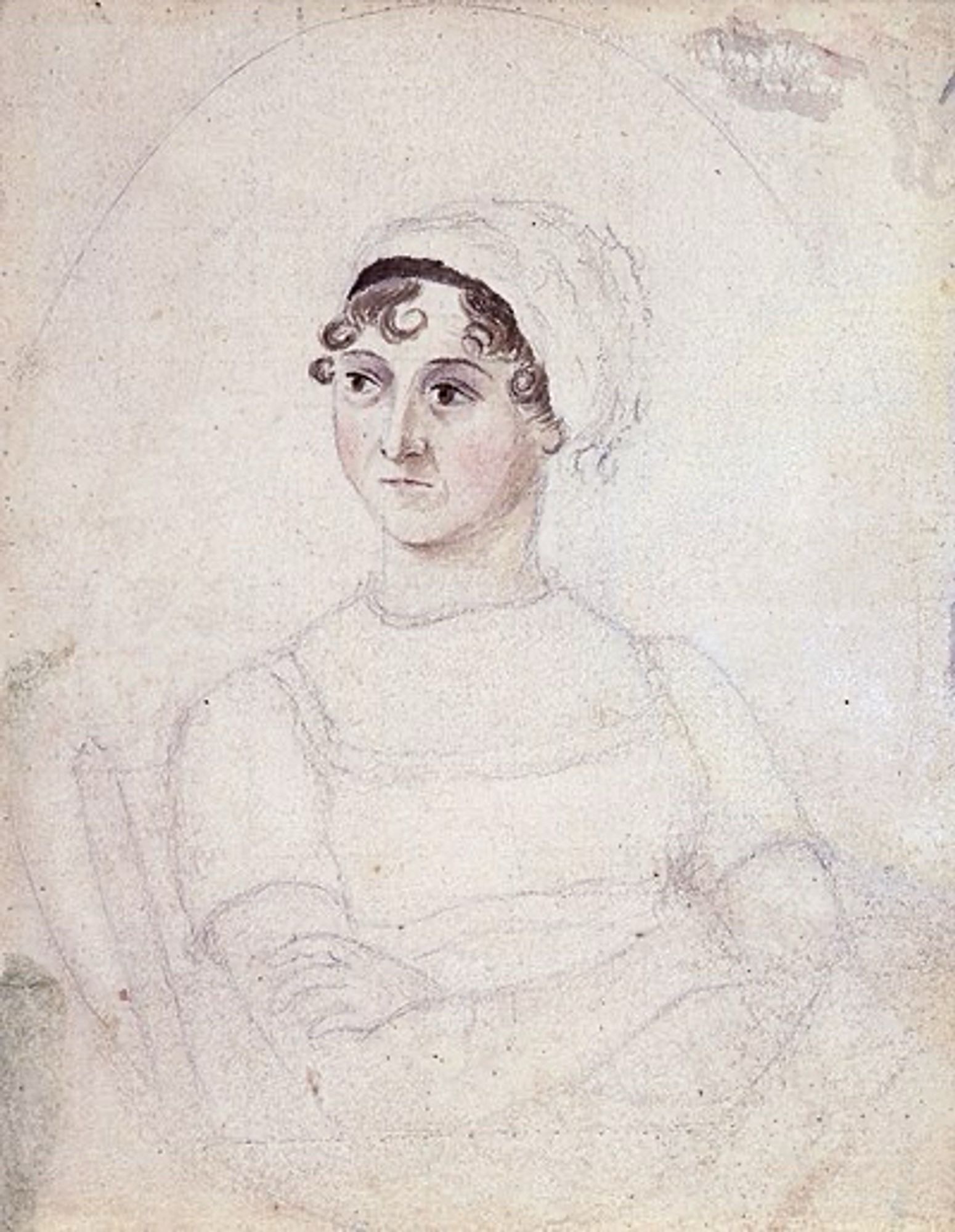 Sketch of Jane Austen by Cassandra Austen. A pencil sketch with very little detail of Jane’s seated form. Her face is colored with faint watercolors. Jane is pictured from the waist up. She is seated with her arms crossed and she looks to the left.