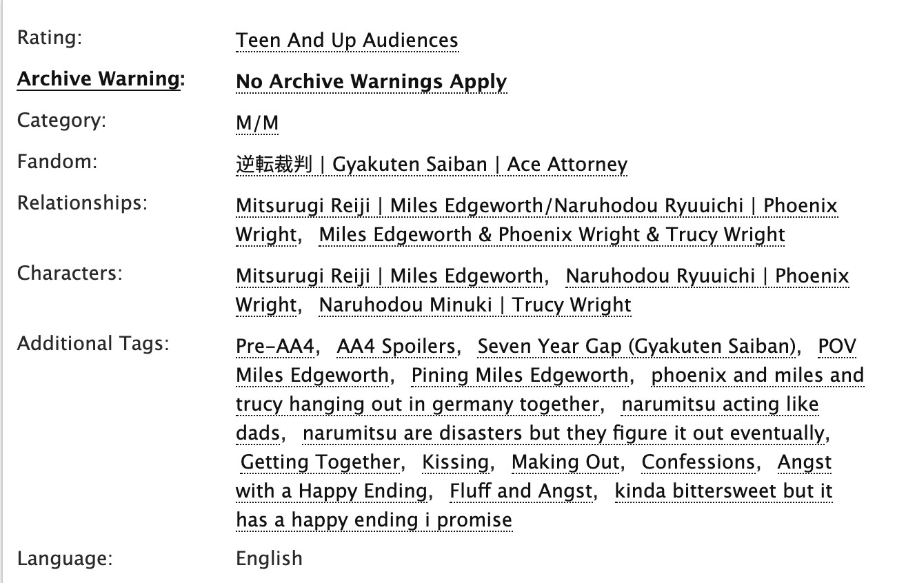 Rating:
Archive Warning:
Category:
Fandom:
Relationships:
Characters:
Additional Tags:
Language:
Teen And Up Audiences
No Archive Warnings Apply
M/M
逆転裁判| Gyakuten Saiban | Ace Attorney
Mitsurugi Reiji | Miles Edgeworth/Naruhodou Ryuuichi | Phoenix Wright, Miles Edgeworth & Phoenix Wright & Trucy Wright Mitsurugi Reiji | Miles Edgeworth, Naruhodou Ryuuichi | Phoenix Wright, Naruhodou Minuki | Trucy Wright
Pre-AA4, AA4 Spoilers, Seven Year Gap (Gyakuten Saiban),
, POV
Miles Edgeworth, Pining Miles Edgeworth, phoenix and miles and trucy hanging out in germany together, narumitsu acting like dads, narumitsu are disasters but they figure it out eventually, Getting Together, Kissing, Making Out, Confessions, Angst with a Happy Ending, Fluff and Angst, kinda bittersweet but it has a happy ending i promise
English