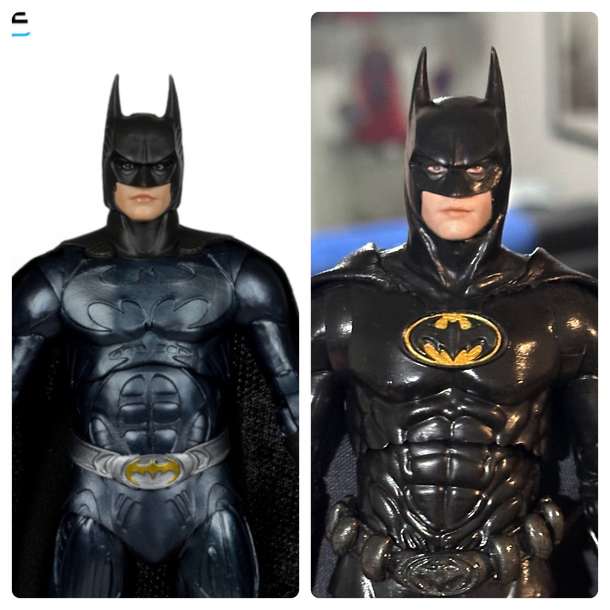 Before/after of my recent McFarlane Val Kilmer Batman custom. The new one has a different body, custom belt, a resculpted cowl to be movie-accurate, and a new realistic paint job.