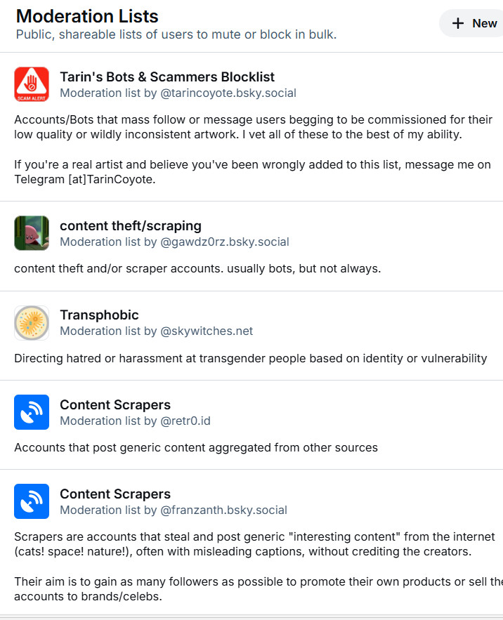 A screenshot of public moderation lists on Bluesky, including categories like "Tarin's Bots & Scammers Blocklist," "content theft/scraping," "Transphobic," and two lists for "Content Scrapers." Each list provides a description for blocking or muting certain types of users or bots.