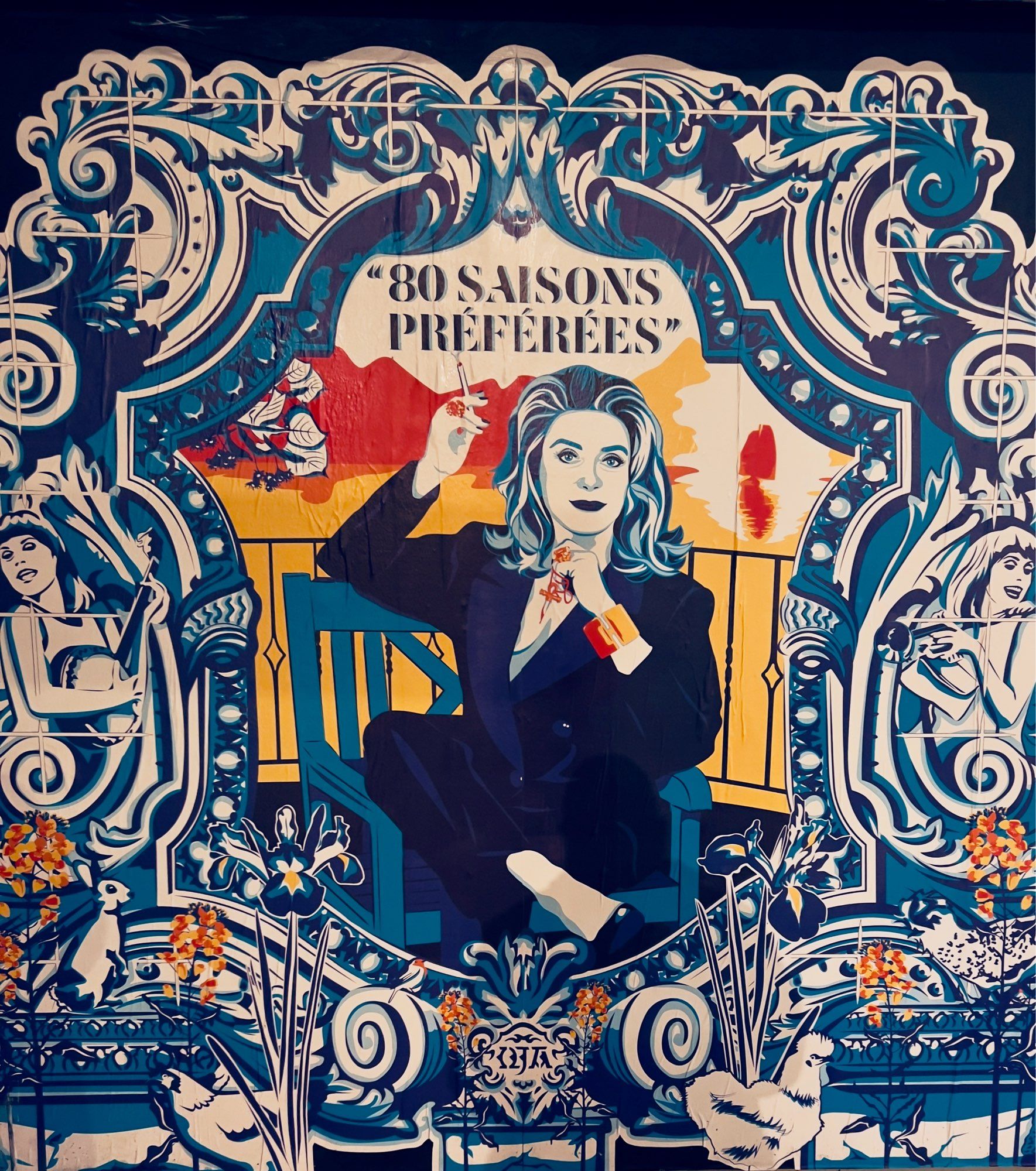 Collage de l’artiste Oja représentant Catherine Deneuve avec pour légende « 80 saisons préférées »