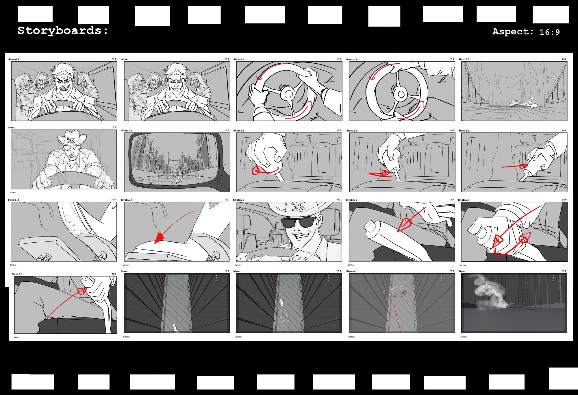 car chase sequence from a short film. storyboards done in storyboard pro and photoshop with sets built in blender.