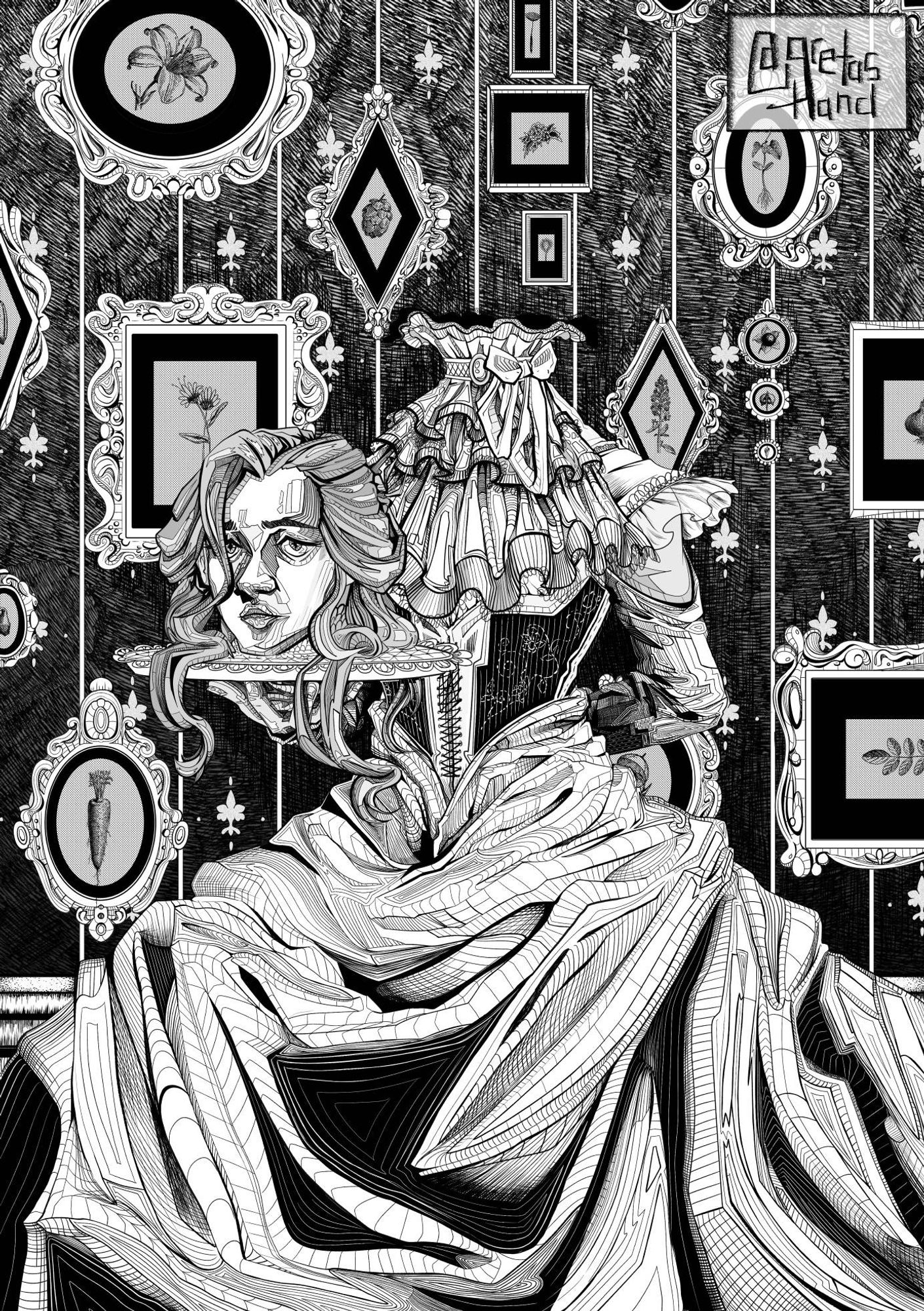 black and white illustration of a woman in an intricate victorian style dress holding her own head on a platter. Behind ber are a bunch of picture frames with botanical drawings. All depth is created through lines inspired by stained glass and topographic maps.