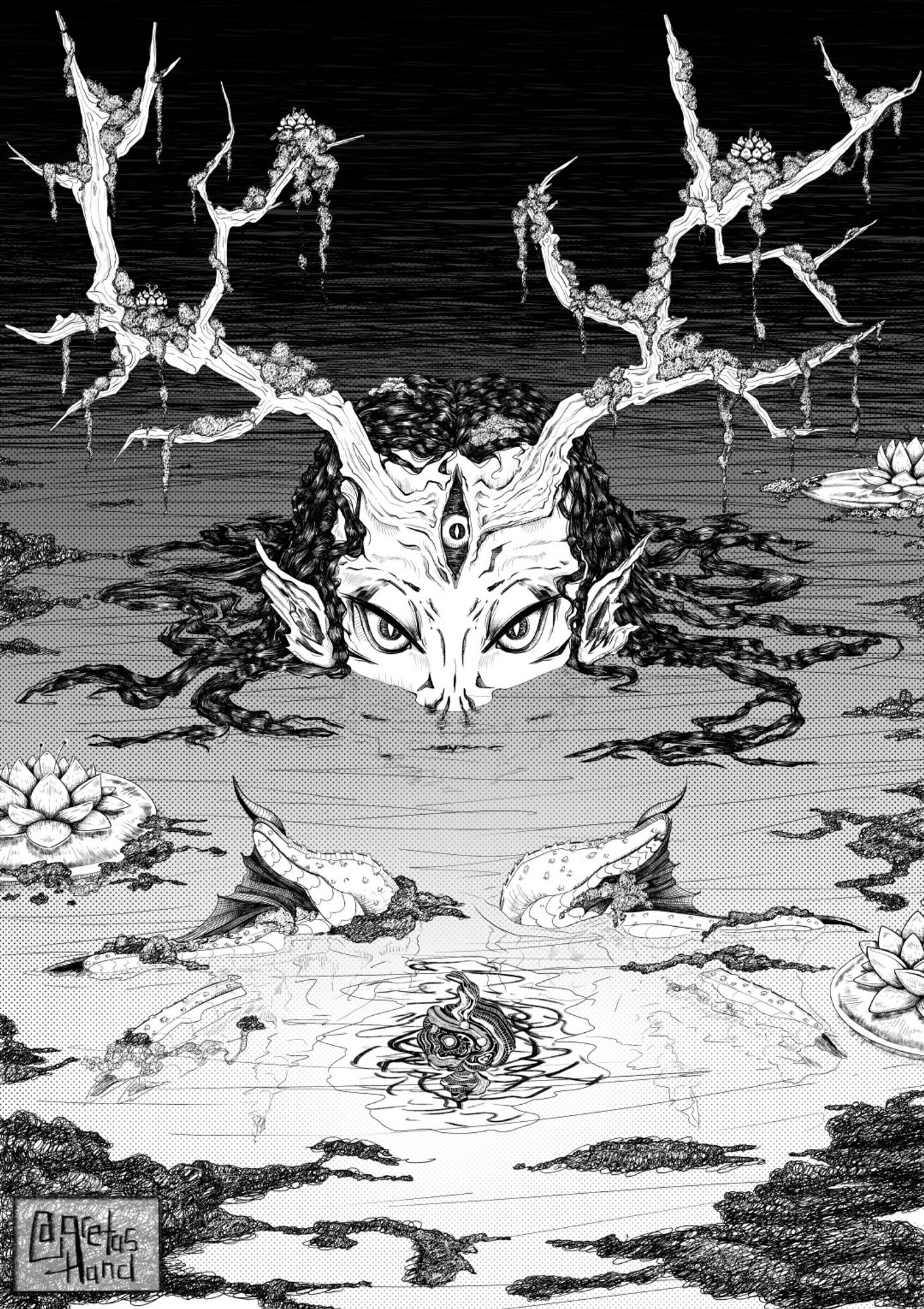 Black and white ink illustration of a mermaid-like creature peaking out from the water. It has a third eye like structure in the center of its forehead. Branching out from this "third eye" are branch like antlers covered in algae. The creature holds its hands out in front of it mostly submerged under the water as this strange pulsing structure floats between its open palms. The water is filled with more algae and lilypads.