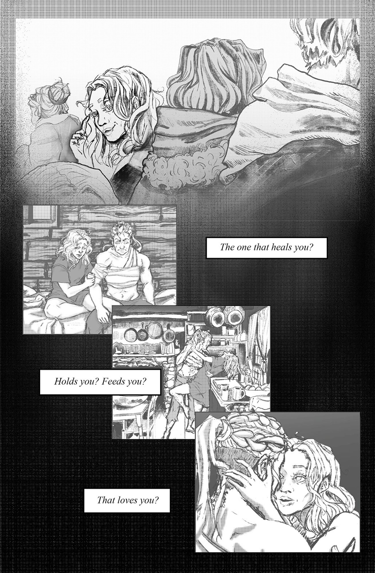 page from the comic Little Red Heart of a montage of stolen moments between two women as they fall in love. The narrator questions if there could ever be a timeline where she didn't fall for the other woman.
Full comic at https://bsky.app/profile/gretashand.bsky.social/post/3ktj7pabnqf24