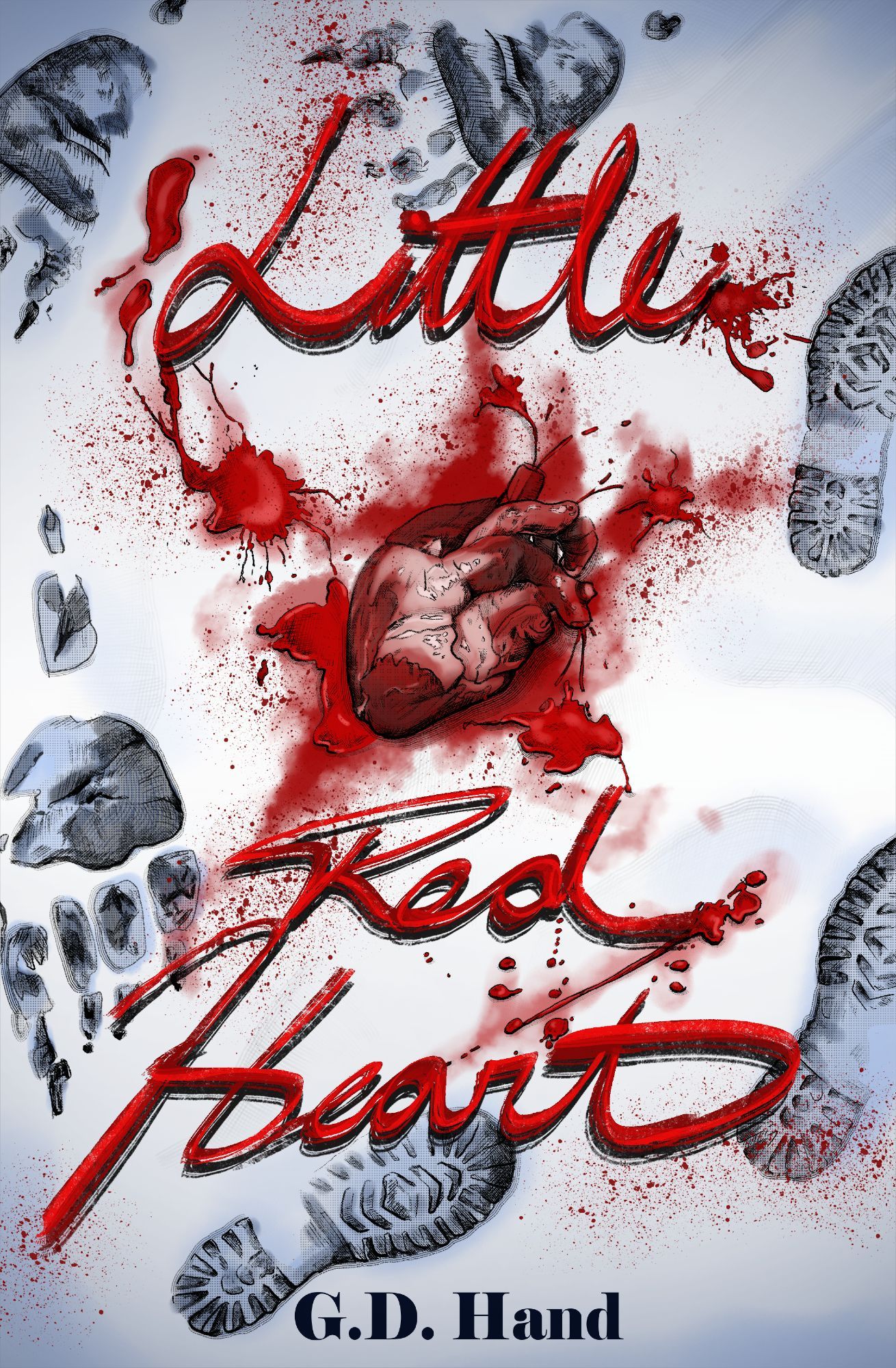 Cover image of the comic Little Red Heart. A human heart sits bleeding in the snow, with human footprints and monster tracks circling it. The title Little Red Heart is written in blood. At the bottom its has the name G. D. Hand