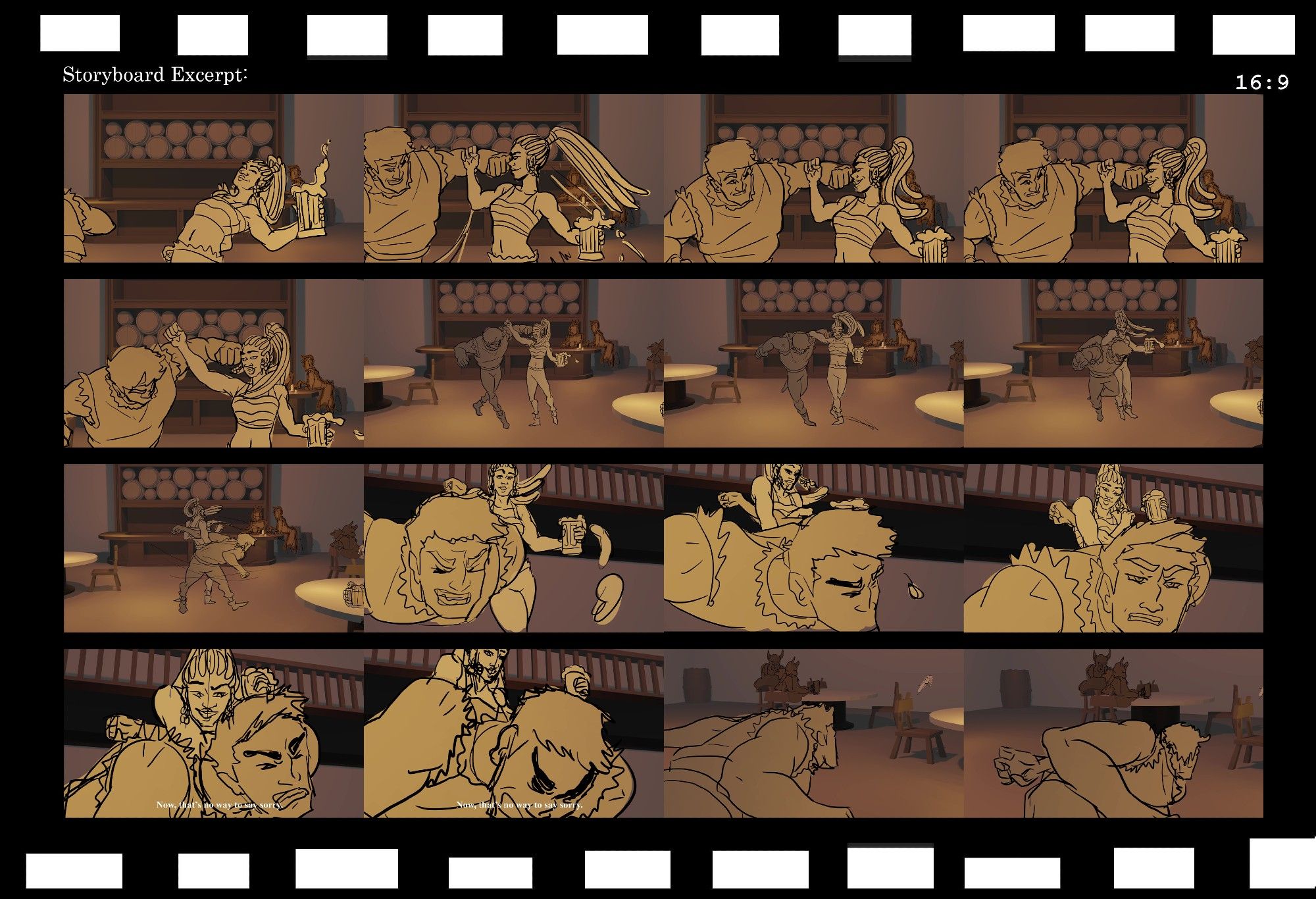 storyboards from a tavern fight sequence done in blender.