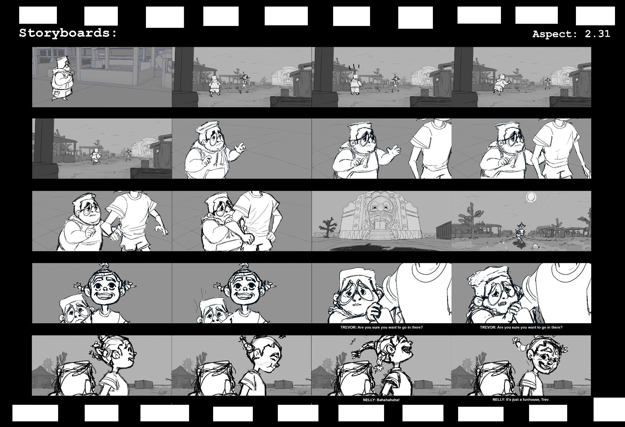 storyboards from a sequence about two best friends getting into a spat over entering the carnival funhouse before opening. done in photoshop.