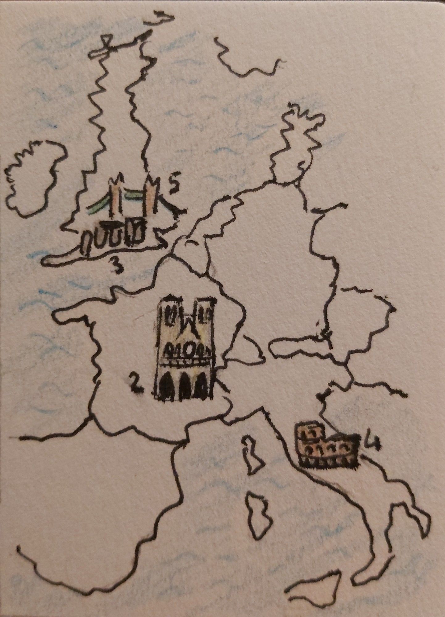 Eine gezeichnete, grob umrissene Karte von Mittel- und Westeuropa. Folgende Sehenswürdigkeiten sind darin eingezeichnet: Notre Dame, Stonehenge, das Colosseum und die Tower Bridge. Die Zeichnungen sind sehr klein und minimalistisch, beschränkt auf die Umrisse und die wichtigsten Merkmale, so dass man sie erkennen kann.