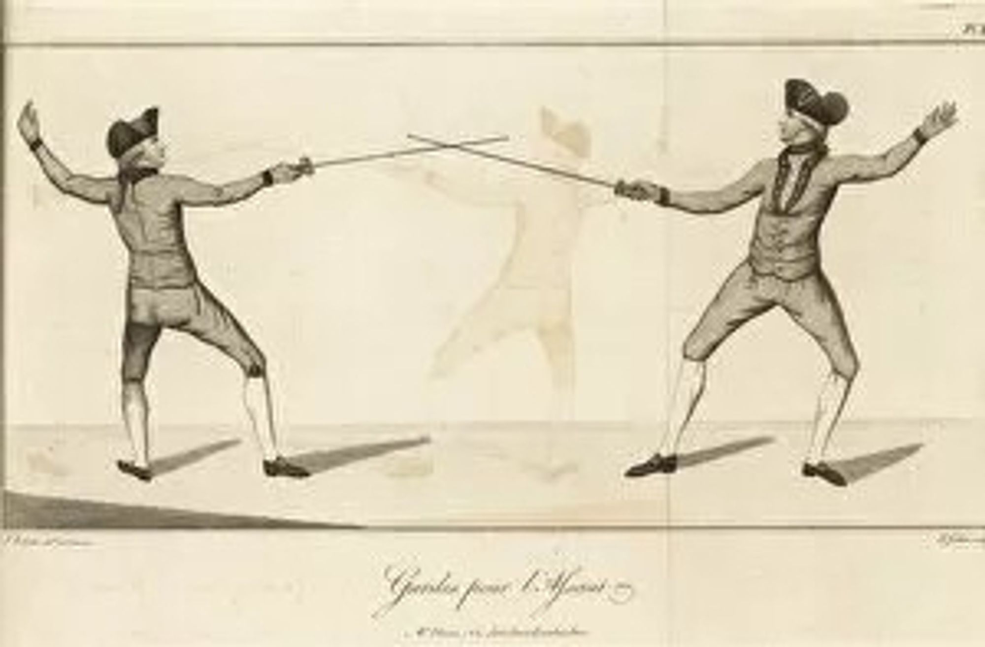 Image from an 18th century fencing manual of two foil duellists en garde, bearing a naive resemblance to the emoji in question.