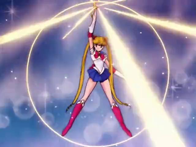 Sailor Moon holds aloft the same staff with the silver crystal, performing her Moon Healing Escalation ability. 