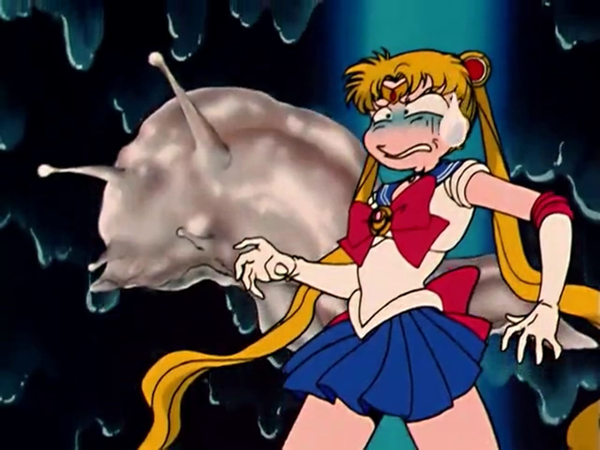 Sailor Moon standing front of a realistic rendered image of a white slug on a black background with blue drips of slime. She seems quite perturbed about this.