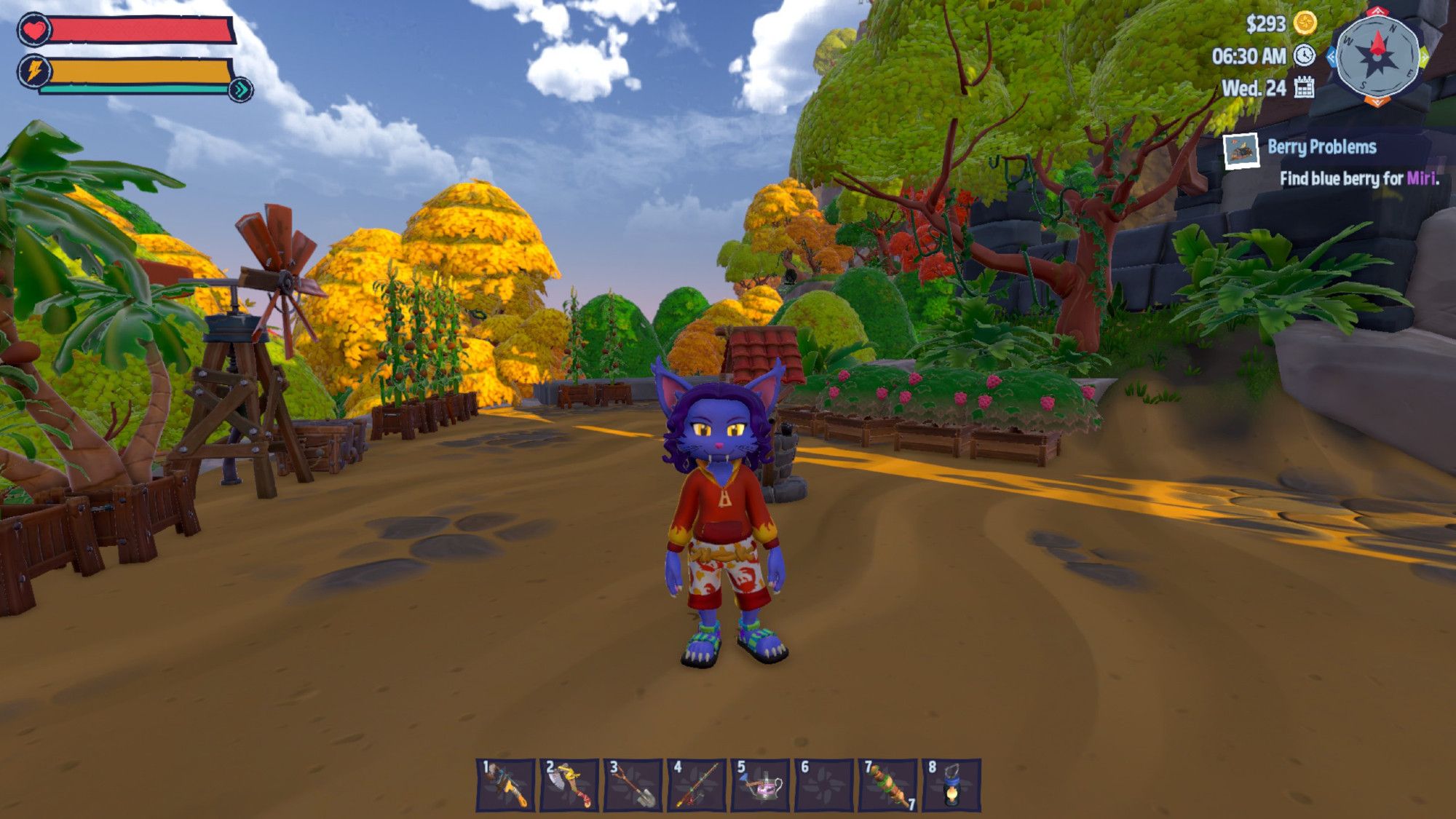 A bluish catperson clad in a red hoodie, crab-patterned shorts and some nice sandals looks towards the viewer with golden eyes in the shade; her food farm in the background in the early morning.