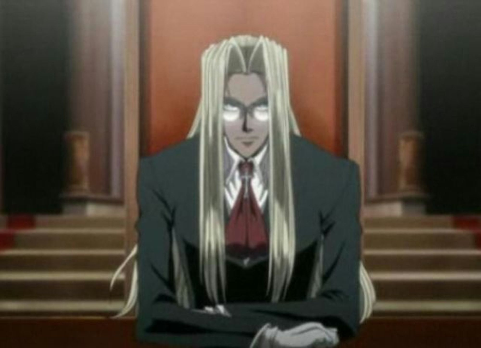 Integra Fairbrook Wingates Hellsing from Hellsing Ultimate, sitting at her desk with a scowl