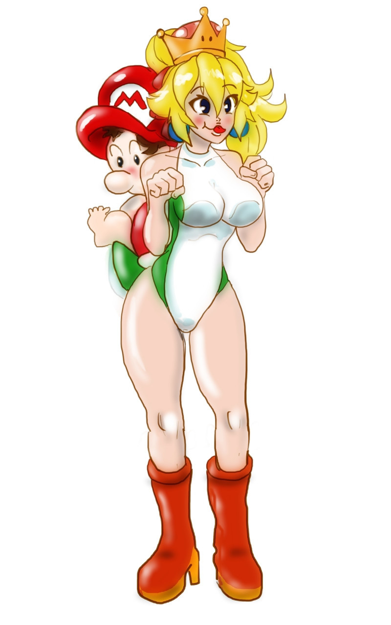 Yosh wears Peach's crown in human princess form with baby Mario being carried on his back