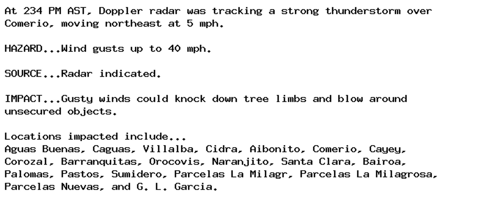 At 234 PM AST, Doppler radar was tracking a strong thunderstorm over
Comerio, moving northeast at 5 mph.

HAZARD...Wind gusts up to 40 mph.

SOURCE...Radar indicated.

IMPACT...Gusty winds could knock down tree limbs and blow around
unsecured objects.

Locations impacted include...
Aguas Buenas, Caguas, Villalba, Cidra, Aibonito, Comerio, Cayey,
Corozal, Barranquitas, Orocovis, Naranjito, Santa Clara, Bairoa,
Palomas, Pastos, Sumidero, Parcelas La Milagr, Parcelas La Milagrosa,
Parcelas Nuevas, and G. L. Garcia.