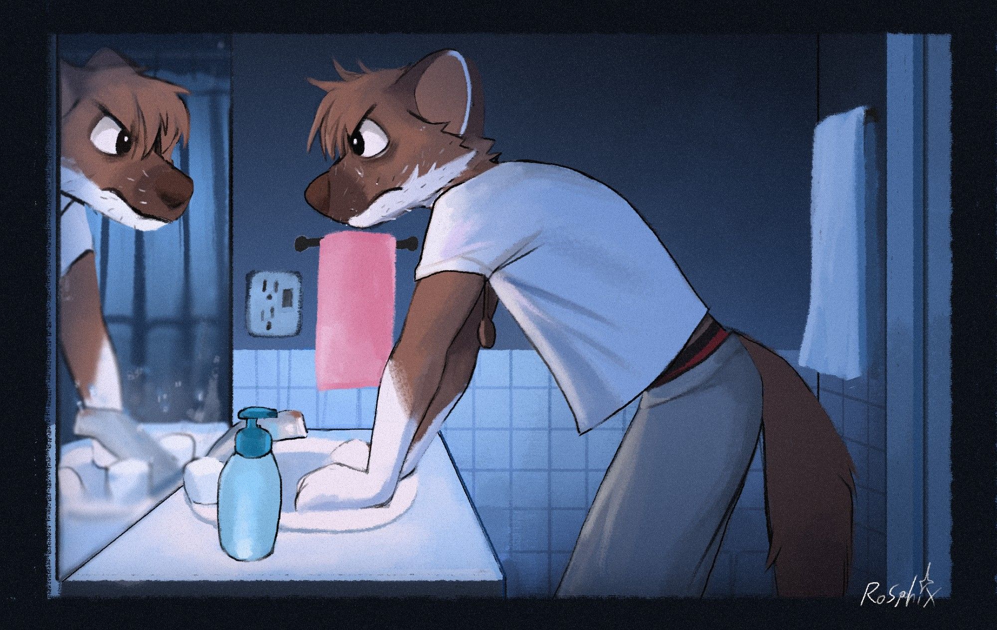 An anthropomorphic weasel leans over a sink in a bathroom staring intently in the mirror with a determined face.