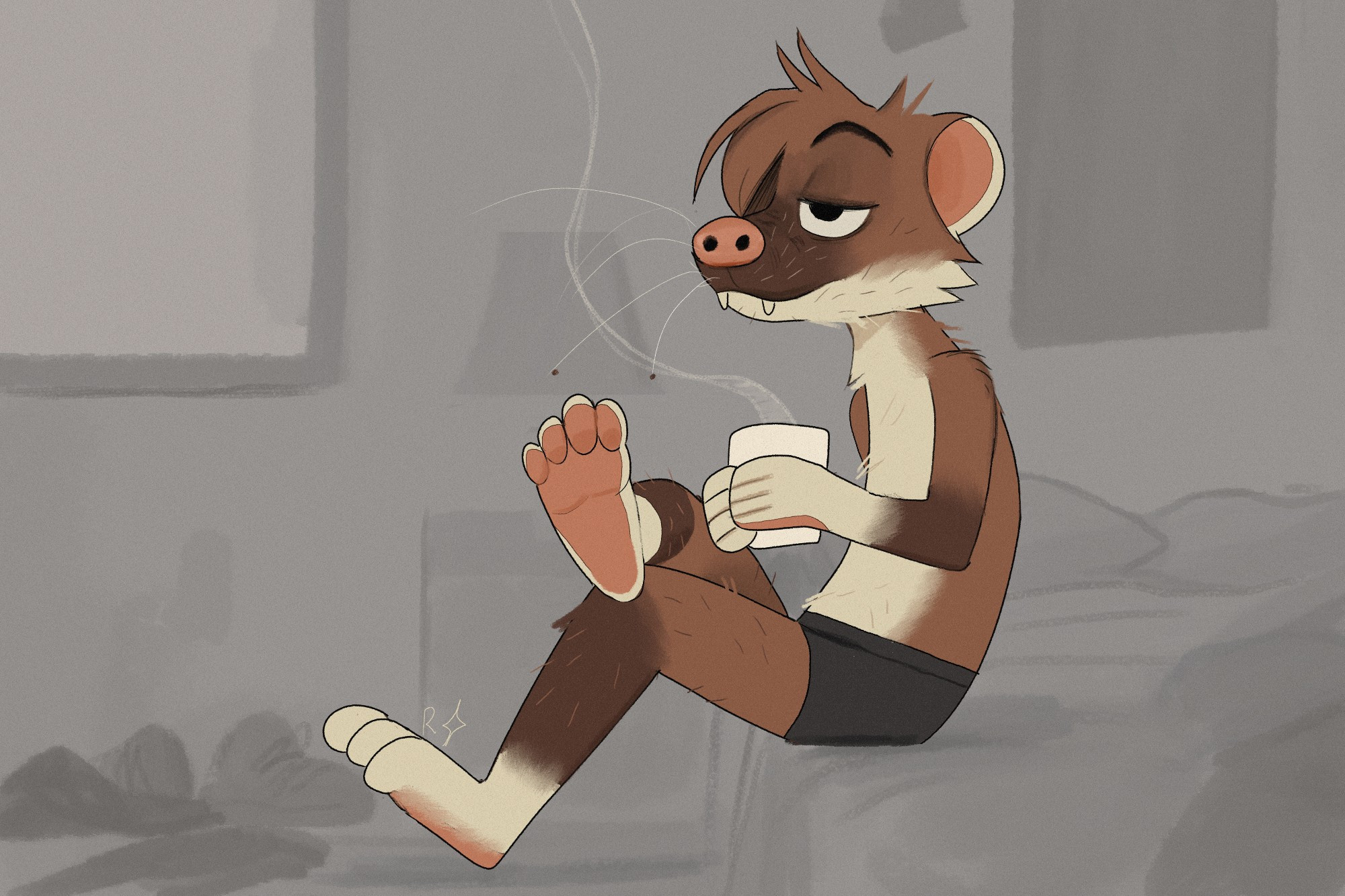 A furry art picture of an anthropomorphic stoat in color against a grayed out background. The stoat is wearing black underwear and sitting on the edge of a bed in a messy looking room, holding a steaming cup of coffee and looking outward at nothing in particular. 

Soaking in the vibrant feeling of a recently completed job. They take a moment of quiet solitude to enjoy the stillness of their own bedroom, at peace, at rest.