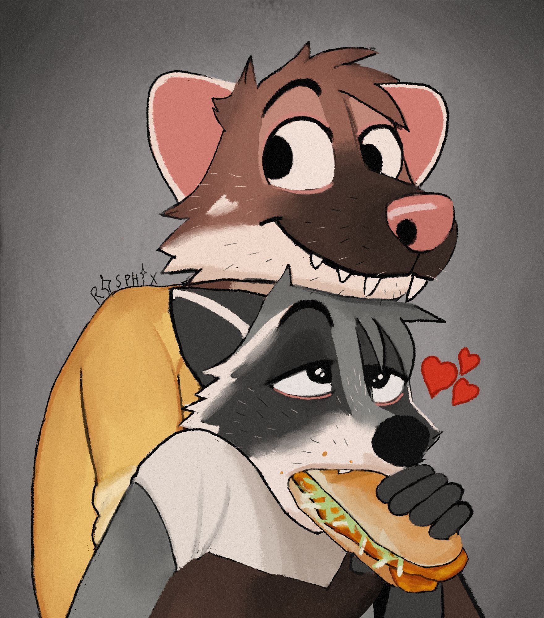 An anthropomorphic Beech marten holds an anthro Raccoon who is devouring a catfish poboy against a dark gray background.