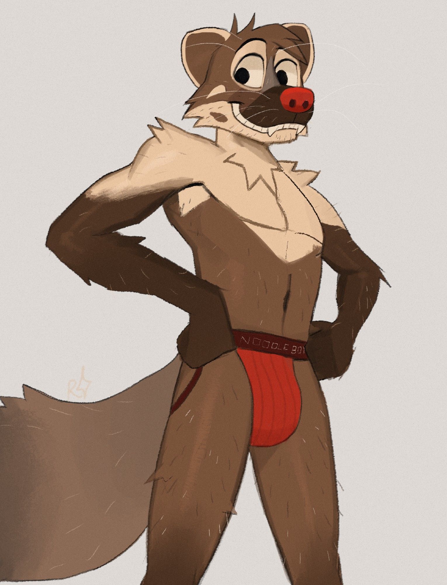 an anthropomorphic beech marten in earth tones with a brightly red nose stands wearing a jock strap adjusting its waist where "NOODLE BOY" is printed in a very thin type. The jock strap is the same color as their nose.