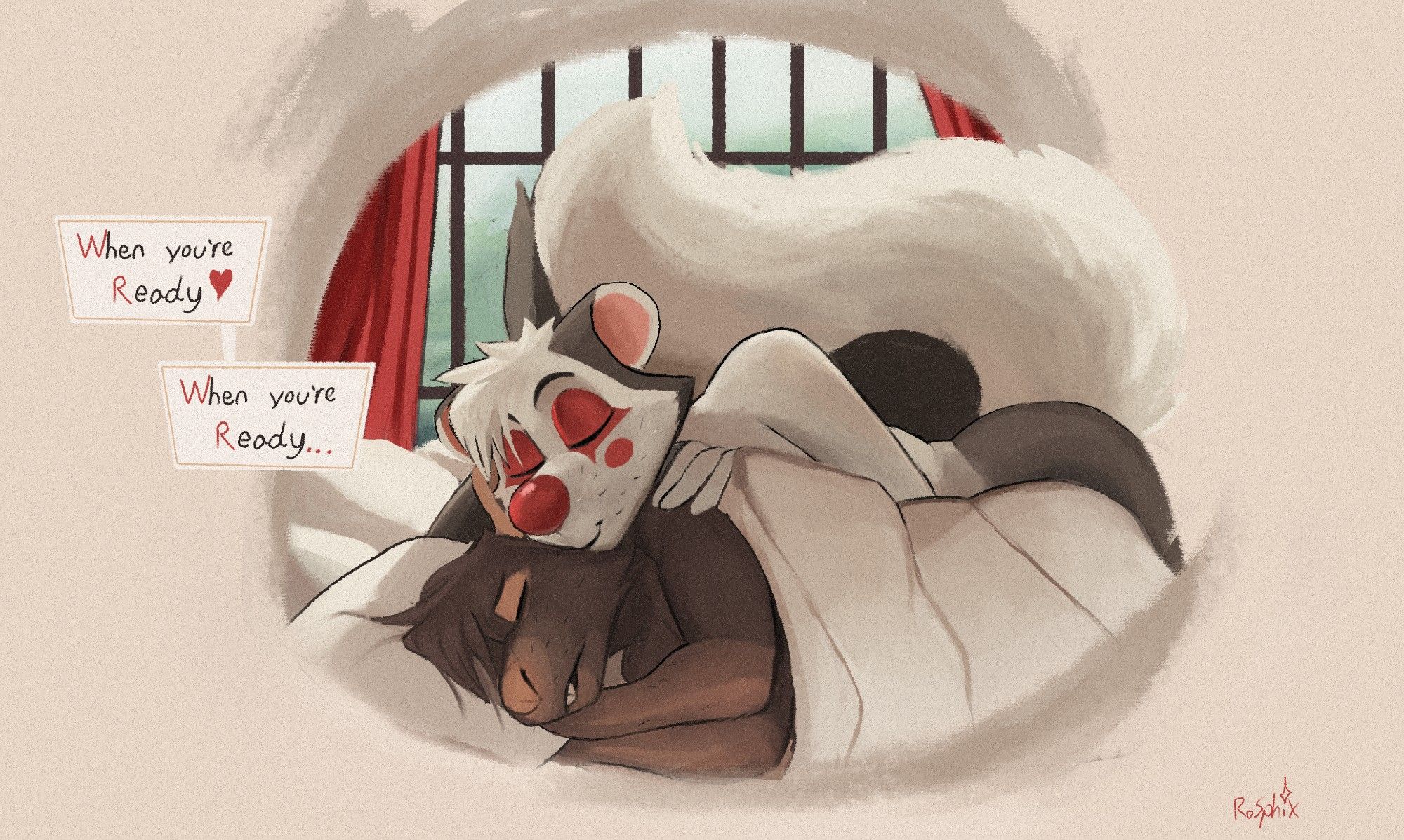 Same as the first image, only now the skunk is leaning in to give the Rat a firm kiss on the cheek from behind and saying 

"When you're ready <3"

"When you're ready..."