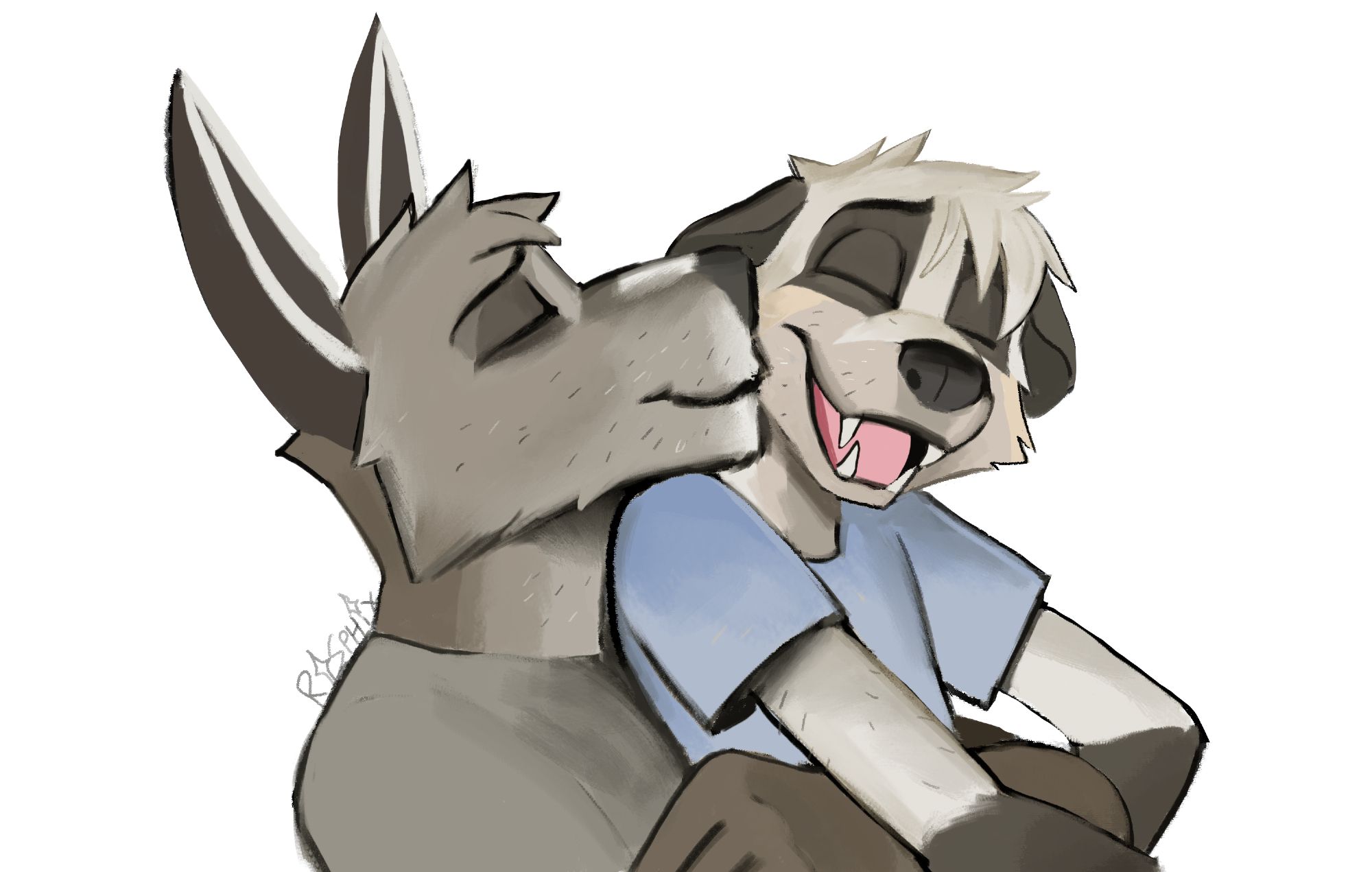 A large anthropomorphic Gray Kangaroo in a gray shirt holds up and kisses from behind the cheek of a smaller male meerkat.