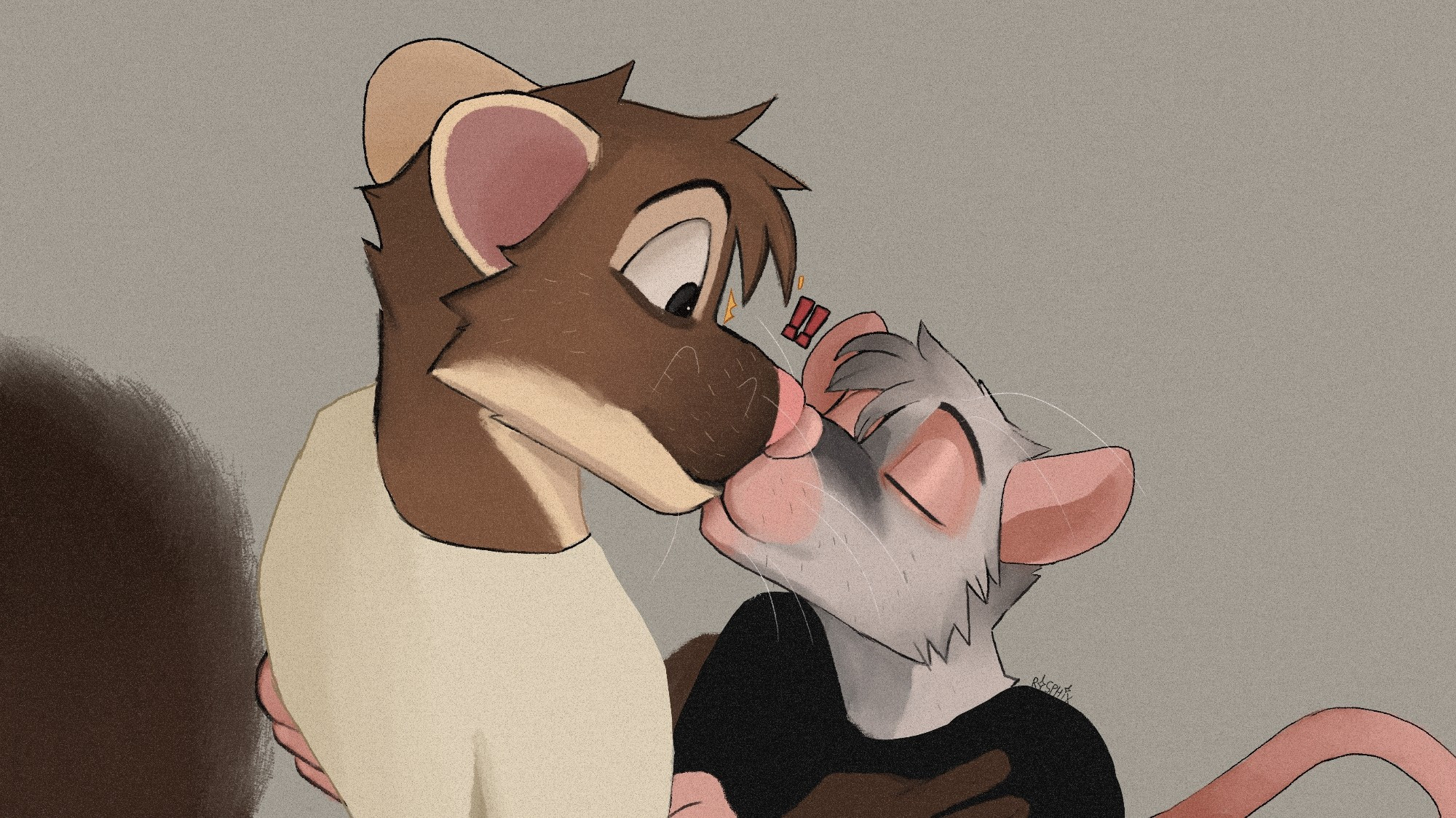 A tall beech marten anthro is suddenly kissed by their partner, a light gray rat with a dark accent across their snout. So suddenly they're taken by surprise, the rat suddenly overcome by the urge to smooch their partner.