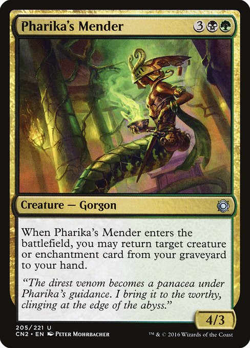 a Magic: The Gathering card called "Pharika's Mender". this is the Conspiracy edition. it's a five-cost black-green Gorgon which can regrow a creature or enchantment card