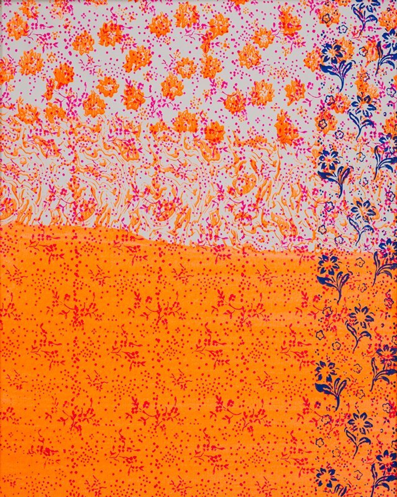 repeating magenta floral and spot pattern against half white, half fluorescent orange background; fluorescent orange flame like and floral pattern accompany the magenta pattern in upper white background; vertical band of blue floral pattern running down R side
The paintings of Hisachika Takahashi are best understood in the context of his contemporaries of the 1960s such as Konrad Lueg and Daan van Golden, both of whom experimented with pop art styles inflected through a uniquely European lens. In 1961, at the age of twenty-one, he sold a large-scale sculpture to the city of Yokosuka, a transaction that paid for his one-way voyage to Europe by cargo boat. Takahashi arrived in Venice, Italy where he soon met Lucio Fontana, and began working as his assistant. During this time, Takahashi was working on his Untitled flower paintings—of which this is one example. This series employed commercial rubber rollers to apply overlapping layers of floral patterns in bright fluorescent and phosphorescent colors. The resulting works on canvas have an all-over composition similar to wallpaper and glow in the dark thanks to their phosphorescent pigment. In 1969, Takahashi traveled to New York where he met many of the artists in the New York scene and where he would stay for the next forty years. Takahashi became a studio assistant to Robert Rauschenberg, initially working in the former chapel that Rauschenberg bought at 381 Lafayette Street in New York City, and continued to assist Rauschenberg until the senior artist’s death in 2008.