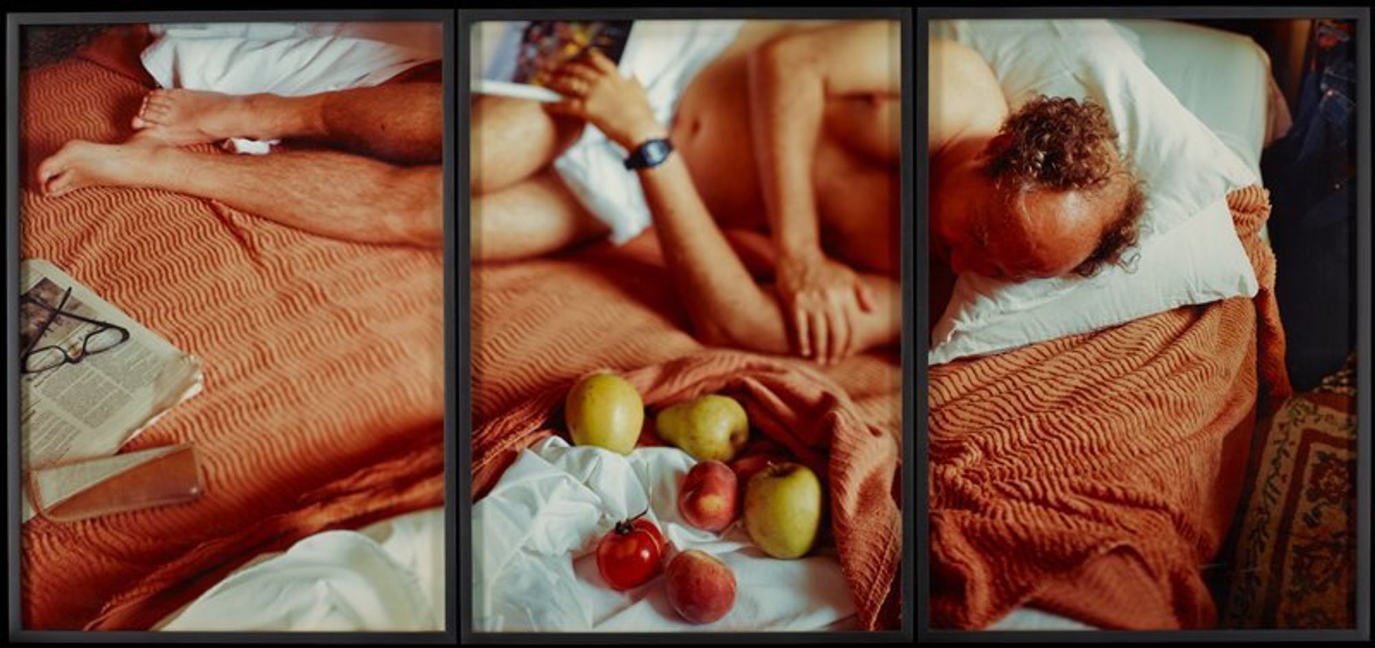 triptych of middle-aged man sleeping on bed with fruit, newspaper and eyeglasses; salmon-colored bedspread; black frames
JoAnn Verburg is one of the most important artists working in Minnesota today, and Still Life with Jim, 1991, is one of her most significant works. A compelling triptych, it highlights the artist’s deep interest and knowledge in the history of art as well as her technical virtuosity of photographic methods and processes. By working in the triptych format, Verburg takes an everyday subject – a man taking a nap – and elevates it through the combination of different pictorial compositions within one work. It is at once a beautifully composed still life and an intimate portrait of her husband, Jim Moore.