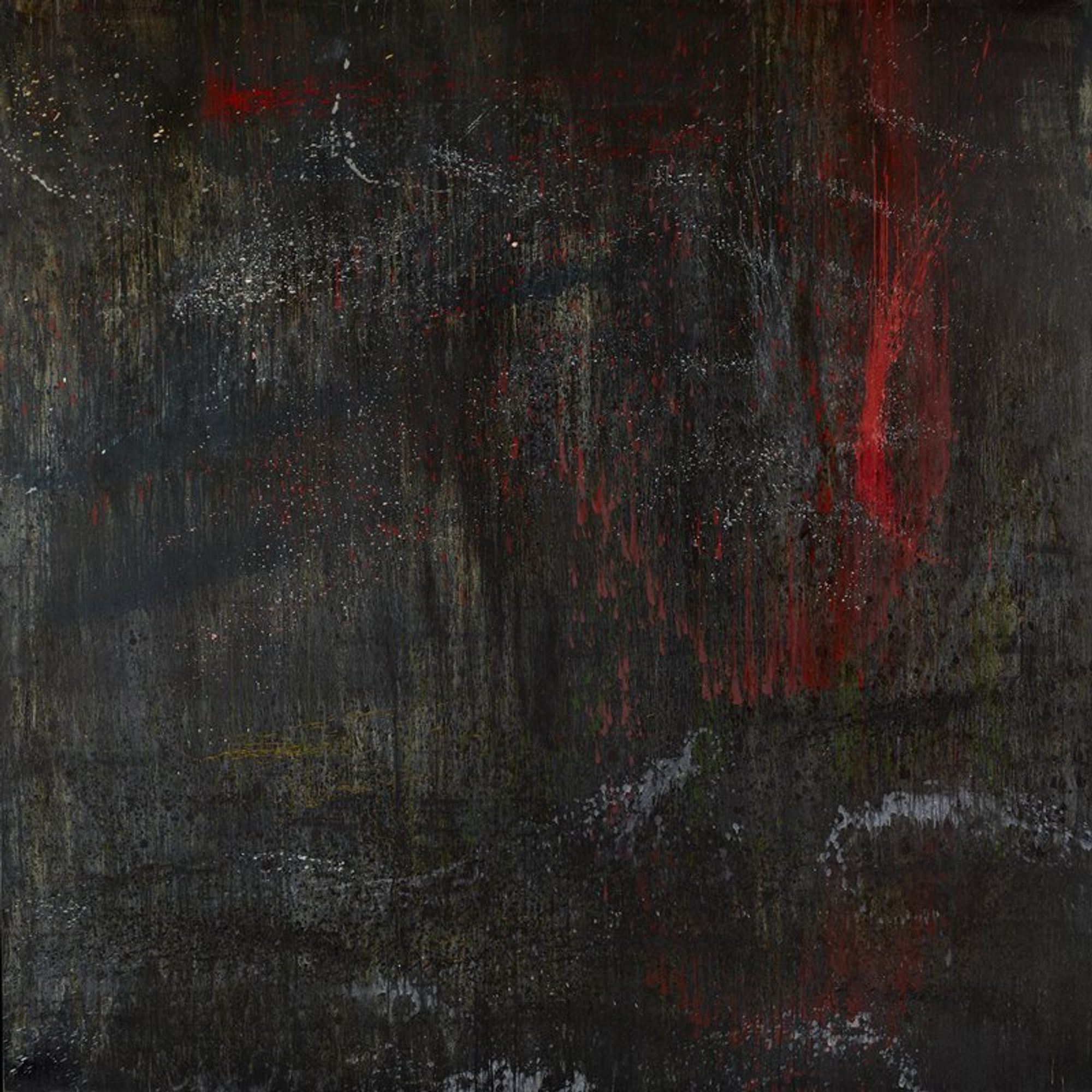 abstract painting; a dark palette with green and blue undertones; red, white, yellow and grey splatters throughout
"July Night" is an example of Pat Steir’s signature waterfall, or veil paintings. In order to create these works, Steir pours the thin “veils” of paint from a can or brush onto the surface of her canvas, allowing gravity and the chaos of nature to manipulate the paint and form a picture. The effect of this layering and splashing of veils of paint is an image that resembles air or water. The results are not an exact replication of a sky or waterscape, but rather the idea of nature. Steir has created the depth of the night sky through her layering and splashing of paint, allowing the forces of gravity and chance to form an image. Both the act of creating and viewing the painting can be meditative, and even sublime.