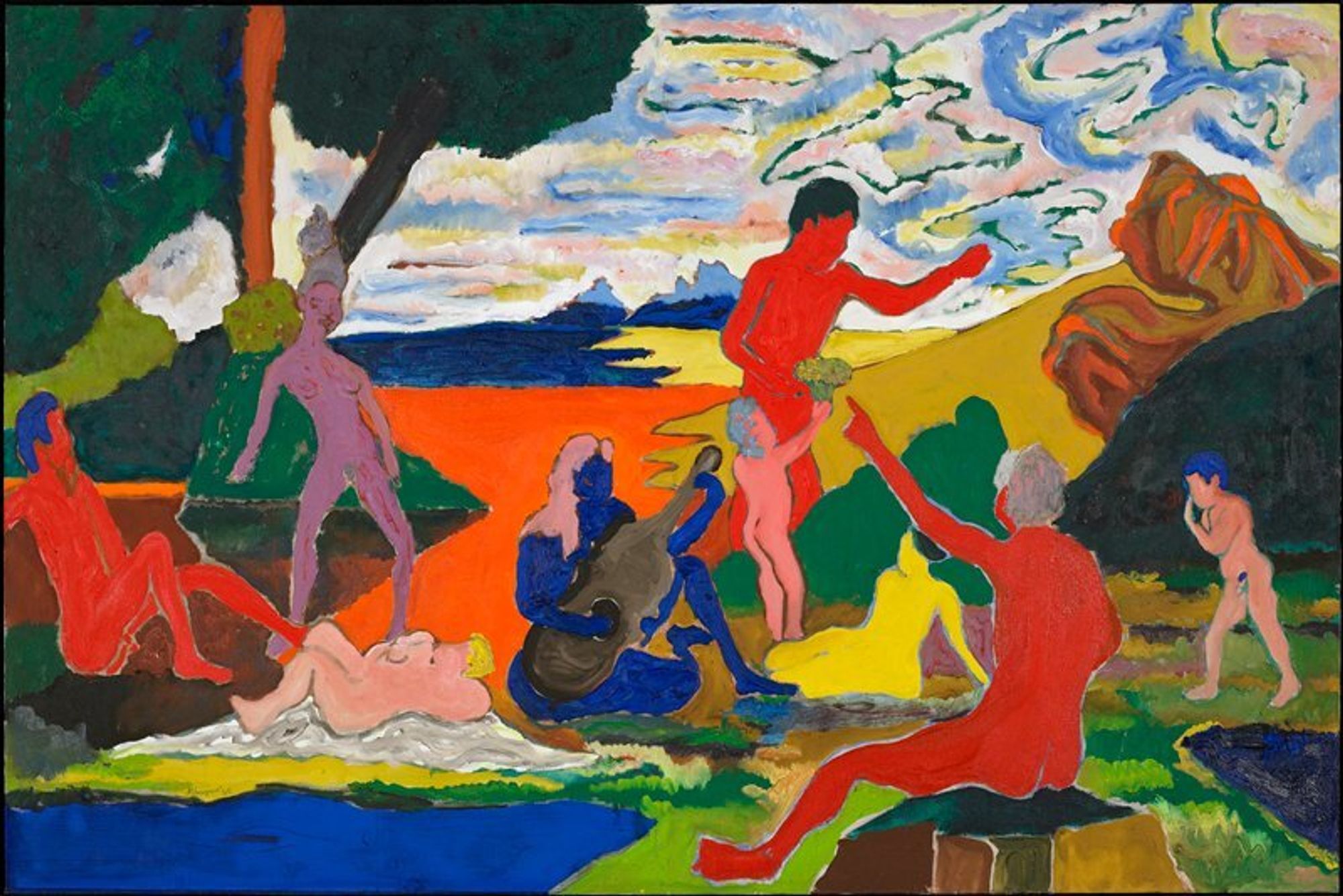 Mythological figures in a landscape. A tribute to jazz musician Nina Simone.
A year before his death at age twenty-eight, the African-American artist Bob Thompson painted this tribute to the jazz musician Nina Simone. The brightly colored silhouettes bounded by sinuous contours recall the work of the early 20th-century French painter Henri Matisse. Like Matisse, Thompson created idyllic landscapes containing relaxed nude figures. Here, the simplified interrelated forms suggest the rhythms and energy of Simone's music. While living in Europe Thompson frequented museums, and he often based his compositions and themes on those of the old masters. Homage is a variation on Nicolas Poussin's Bacchanal with Lute-Player of about 1630, which Thompson had studied at the Louvre, in Paris.