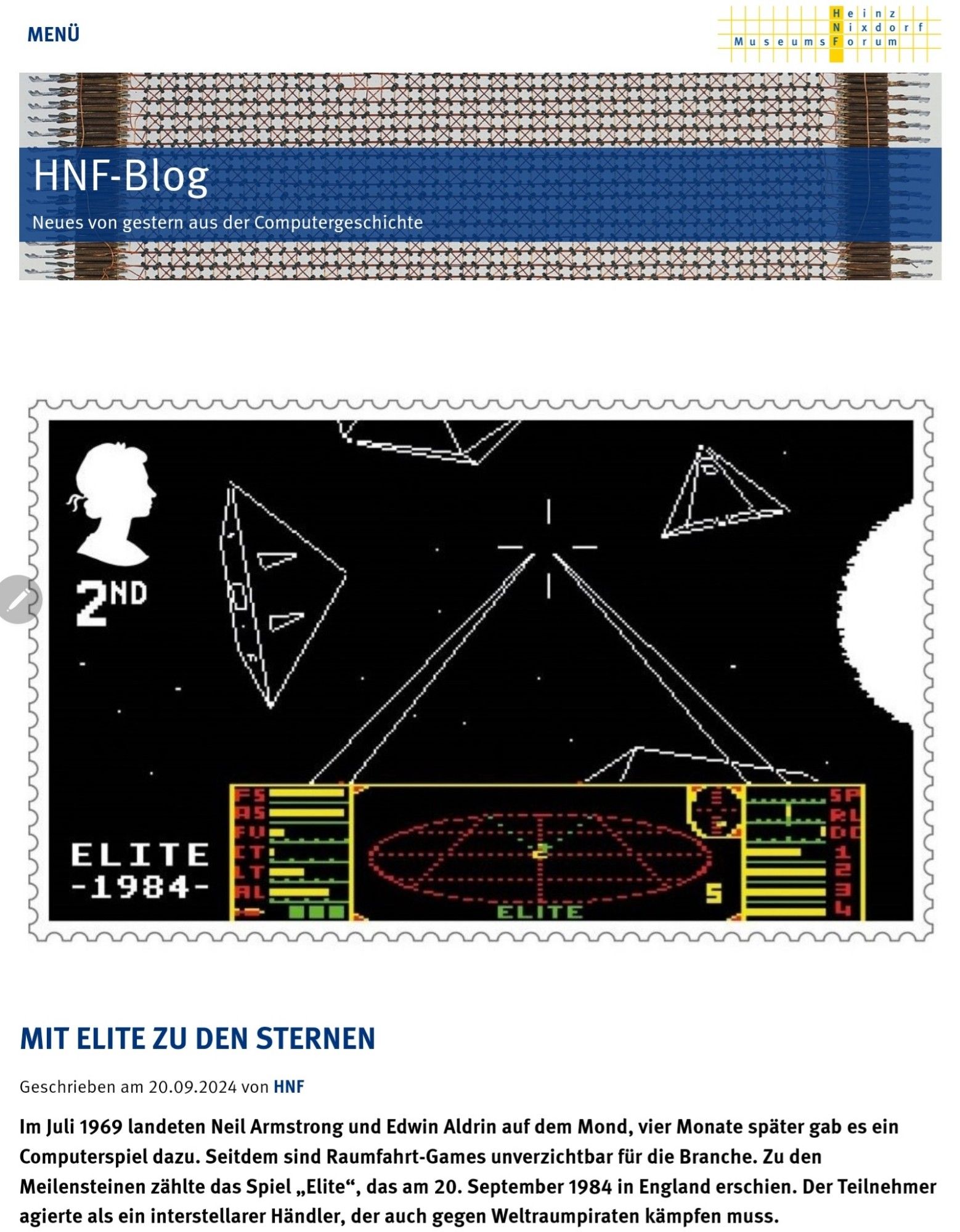 Screenshot des Blog-Artikels des HNF zum 1984 erschienenen Computerspiel Elite