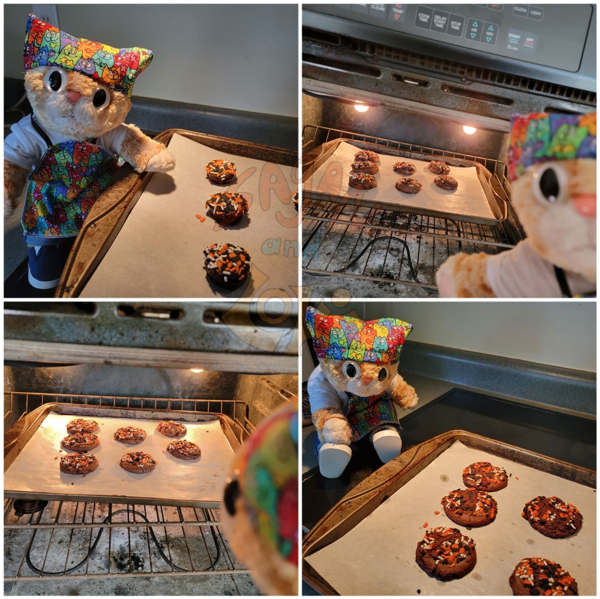 An orange plush cat in a colorful apron and bandana shows how popping a pan works on cookies you don't want domed. 4 panels.