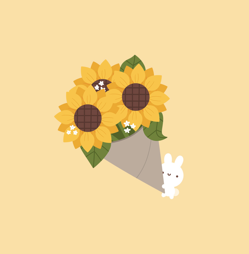 a little white bunny holding a sunflower bouquet