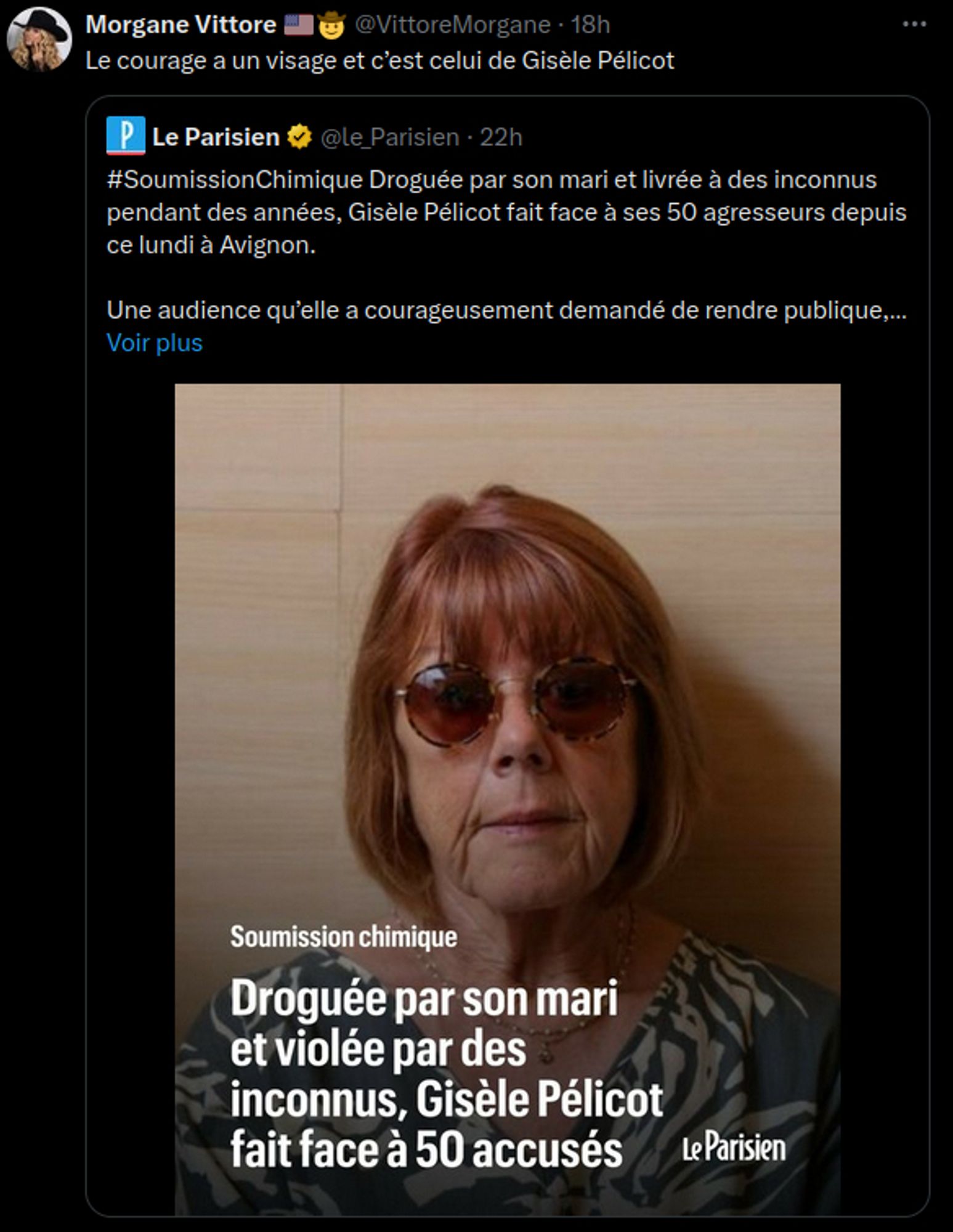 capture d'écran d'un article de presse montrant Gisèle Pélicot, droguée par son mari et violée par des dizaines d'inconnus dans son sommeil pendant des années.