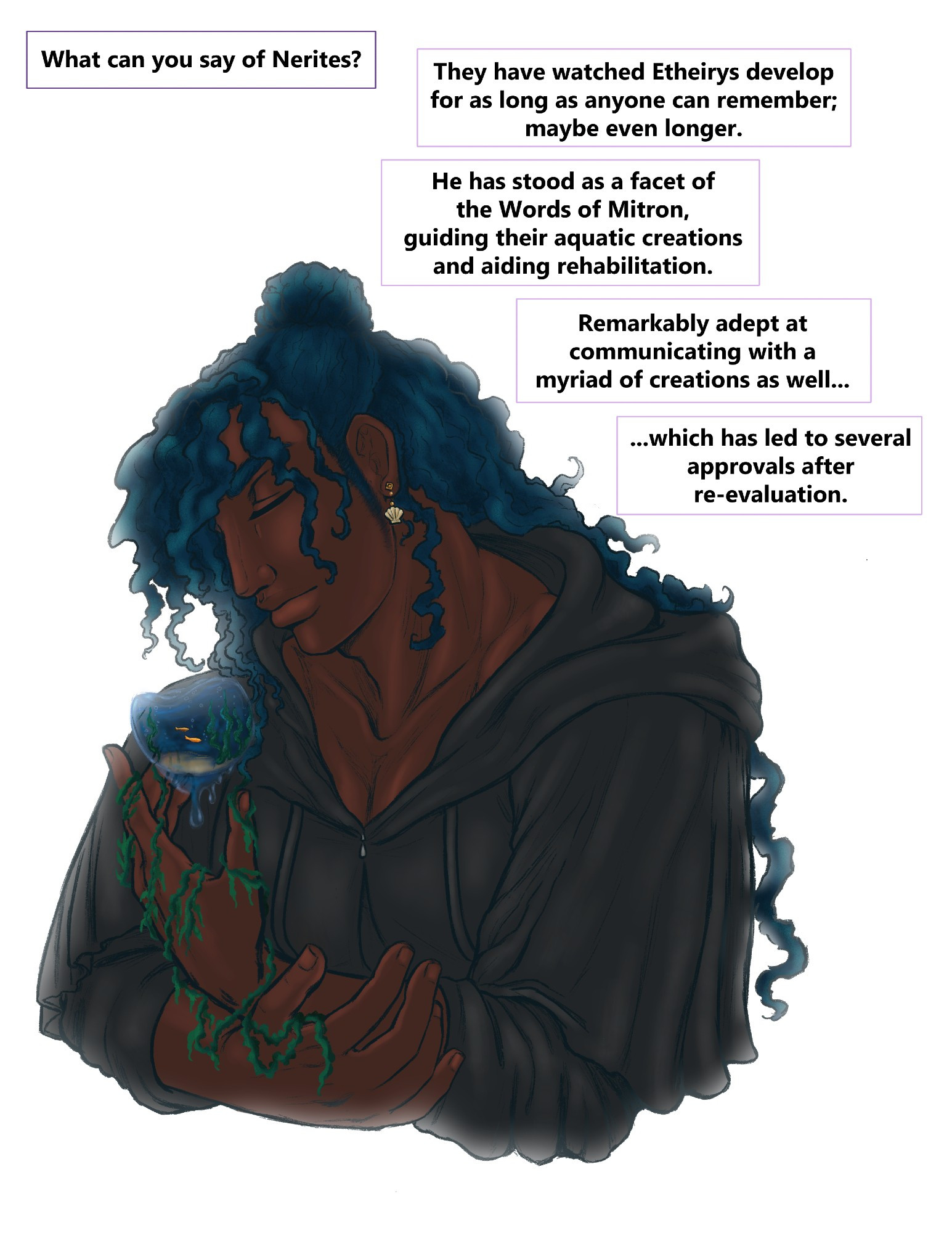 A bust of a black man with long wavy dark blue hair, his eyes closed in serenity as they create a small globe of ocean water in their hand. Seaweed drapes across his hands and entwines with his hair. The text reads "What can you say of Nerites?" "They have watched Etheirys develeop for as long as anyone can remember; maybe even longer. He has stood as a facet of the Words of Mitron, guiding their aquatic creations and aiding rehabilitation. Remarkably adept at communicating with a myriad of creations as well, which has led to several approvals after re-evaluation."