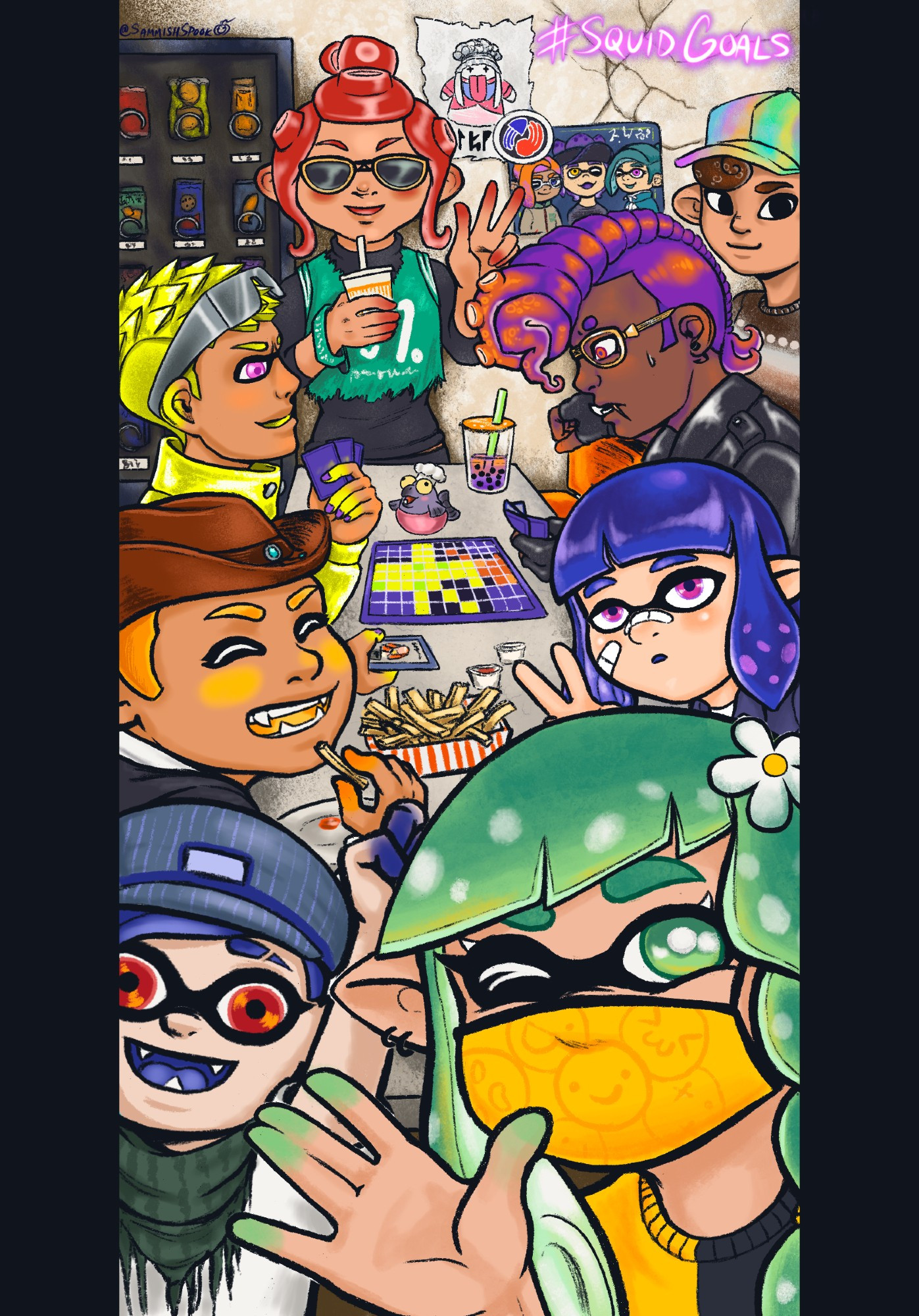 A mock phone photo of 8 squid kids/octo kids from Splatoon. They are laughing and having fun together in a cafeteria-like area.