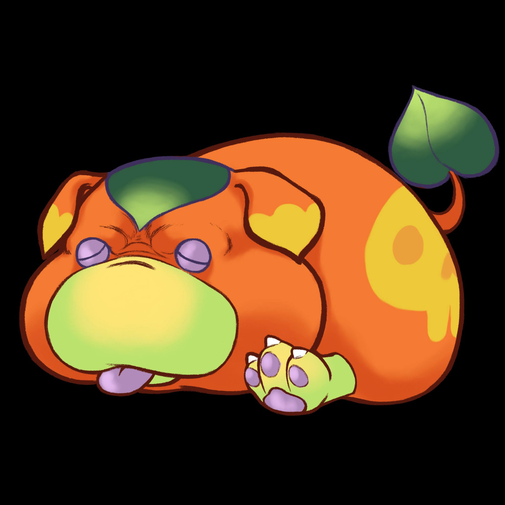 a very round, pumpkin orange rescue dog with a yellow skull pattern on its haunch. it's sleeping with its small lilac-colored tongue sticking out. on its head and the tip of its tail, there is a spade-shaped green leaf.