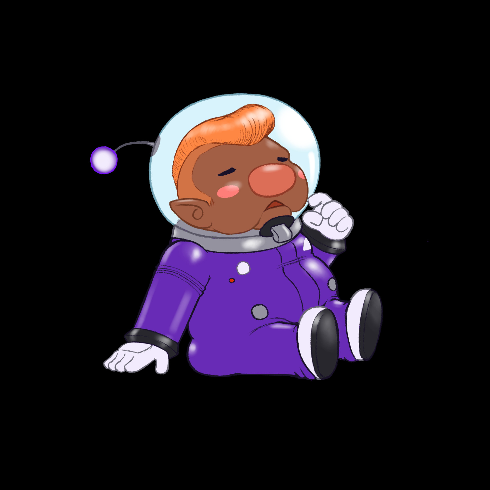 a rotund pikmin rescue corps astronaut with an orange pompadour, purple spacesuit, droopy cheeks, and sleepy eyes.