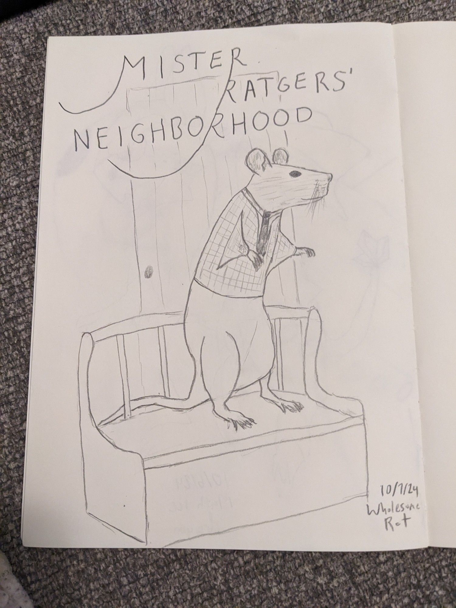 Pencil sketch of "Mister Rat-gers Neighborhood", with a rat in a sweater standing on a chair. It's labeled "wholesome rat", which was the prompt.