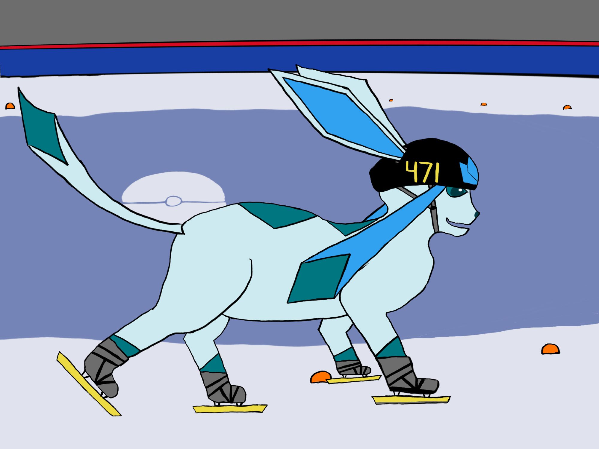 Digital drawing of Glaceon competing in short track speed skating. She's wearing gray skates with gold blades, and a black helmet with number 471 on it. Her ears are sticking out of holes in the helmet. The helmet also has blue diamonds painted on the front like the ones on her forehead that it's covering up. Glaceon is leaning into a left turn, her left front skate just barely going inside of the orange track marker.