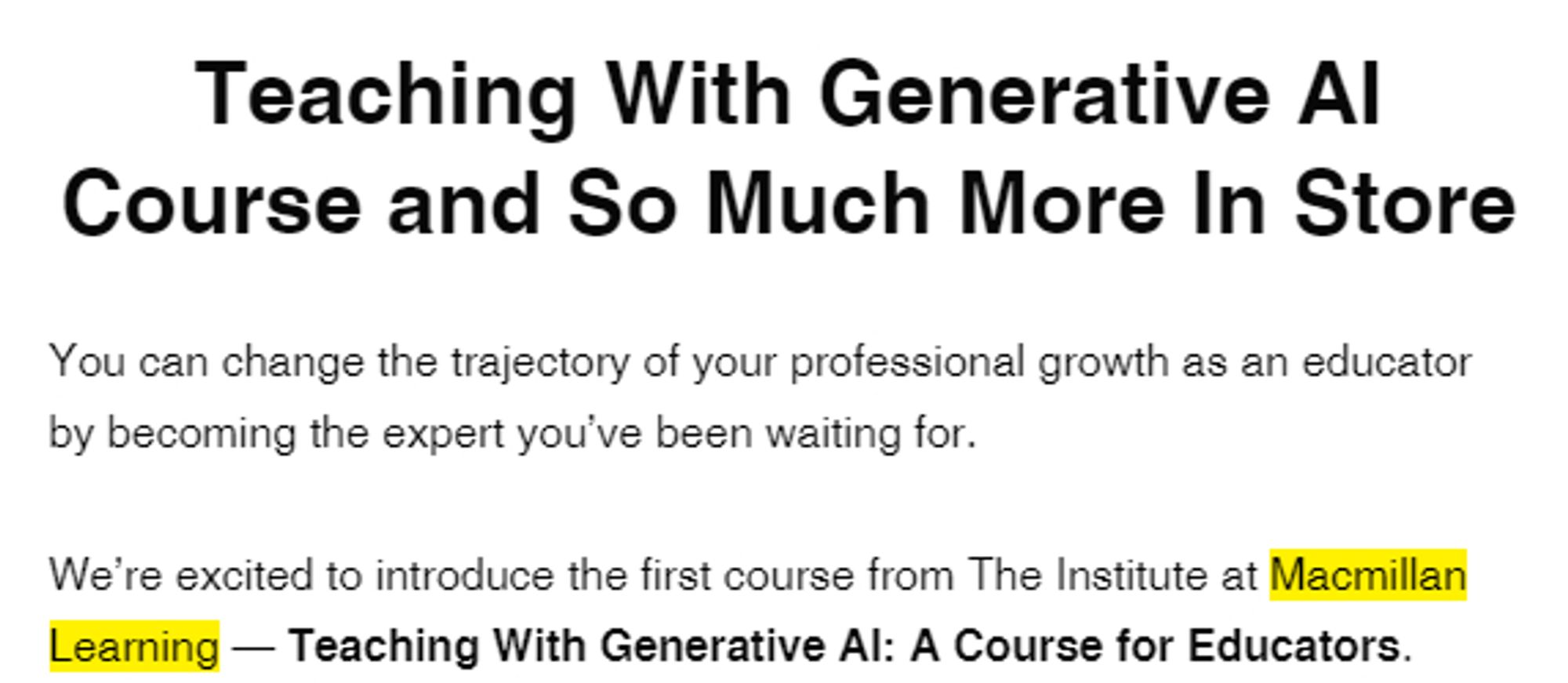 Screenshot from an email advertising a "Teaching with Generative AI" course.