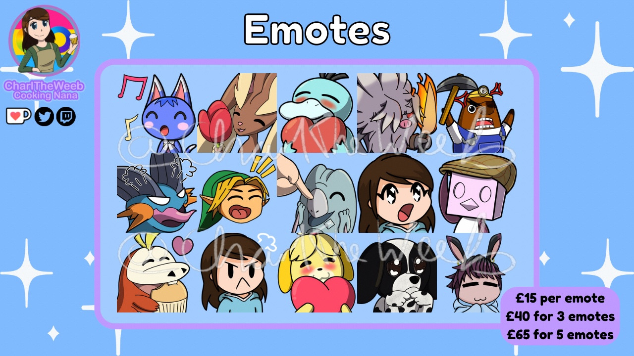 A panel of emote commissions by CharlTheWeeb. In the centre are 15 emotes drawn by me. The background is blue with white stars and text in black atop a purple text box states the pricing at £15 for 1 emote, £40 for 3 and £65 for 5. The title says emote commissions. In the top left is my logo and socials.