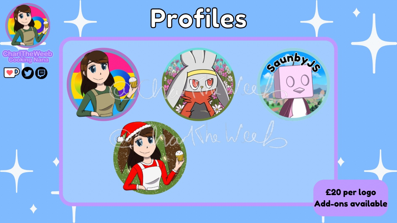 A panel of profile commissions by CharlTheWeeb. In the centre are 4 profile pictures. The background is blue with white stars and text in black atop a purple text box states the pricing at £20 for a picture and add-ons available. The title says profile commissions. In the top left is my logo and socials.