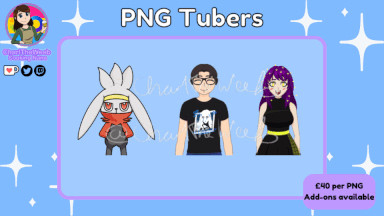 A GIF of PNG Tuber commissions by CharlTheWeeb. In the centre are 3 PNG Tubers. The background is blue with white stars and text in black atop a purple text box states the pricing at £40 each with add-ons available. The title says PNG Tuber commissions. In the top left is my logo and socials.