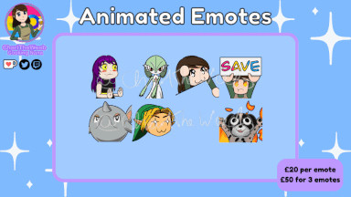 A GIF of animated emote commissions by CharlTheWeeb. In the centre are 8 animated emotes. The background is blue with white stars and text in black atop a purple text box states the pricing at £20 for one and £50 for three. The title says animated emote commissions. In the top left is my logo and socials.